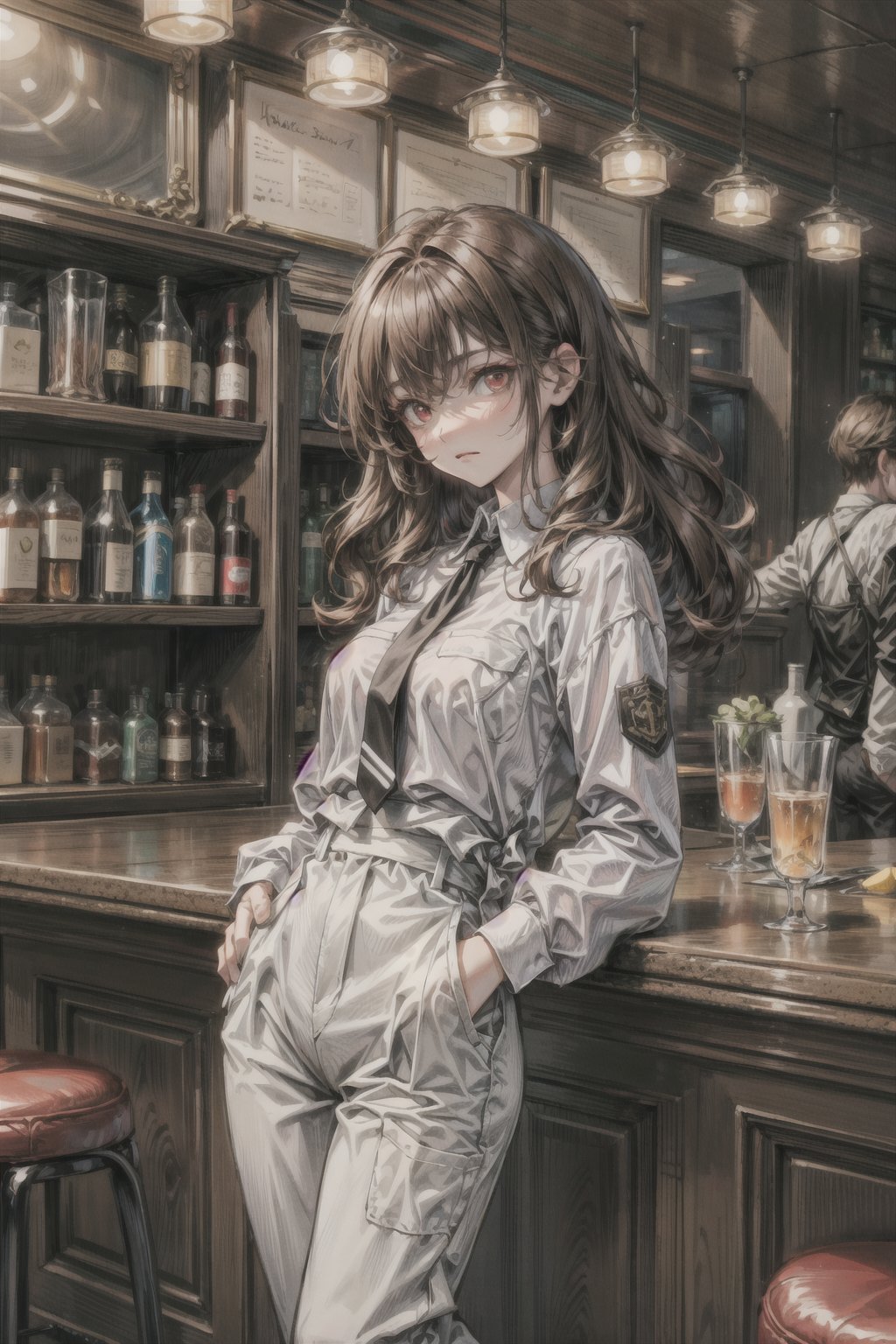 Default17 style, 1female, amber_hair, curly_hair, dark red eyes, bartender costume, slack pants, white brown color clothes,side hairline, arms_crossed, perfect hands,