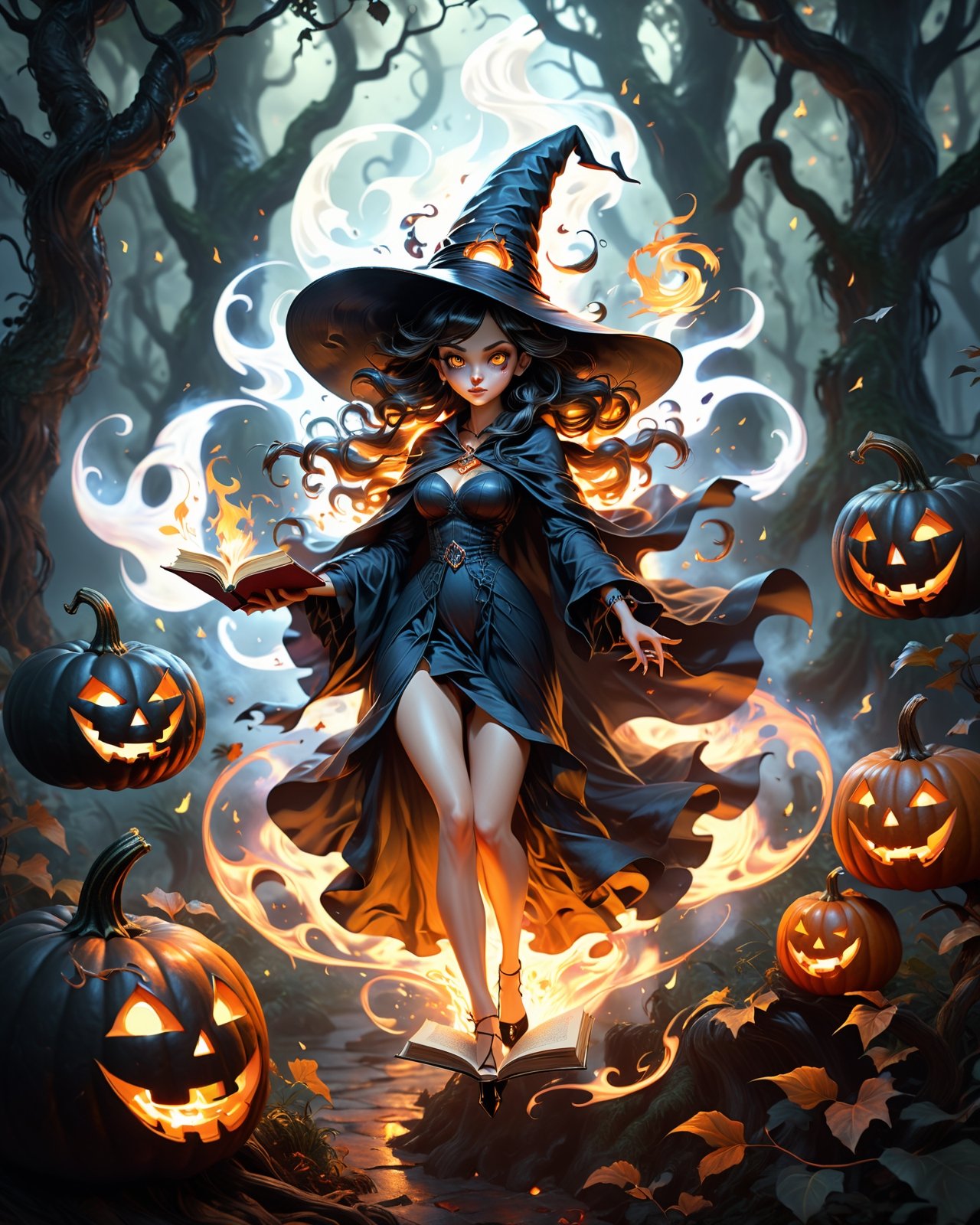 Full body portrait, Photorealistic art style, big detailed eyes, highly detailed, artistic, small black witch hat, a beautiful blue hair witch girl in sexy outfit with shiny cape, wearing high heels, reading an old magical book, casting a fire spell on the ghosts and pumpkins, in a jungle with lot of trees, volumetric lighting, dynamic poses, windy, depth of field, dynamic angle, swirling flame, ,mythical clouds,more detail XL,fire element, (ghost), 