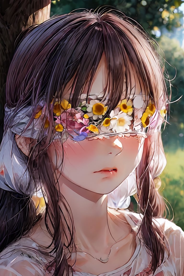 1 girl, Kanna Kamui, portrait, flower gardern, masterpiece, best quality, nature light, Circle, nature background, Flower Blindfold, crying, (tear),