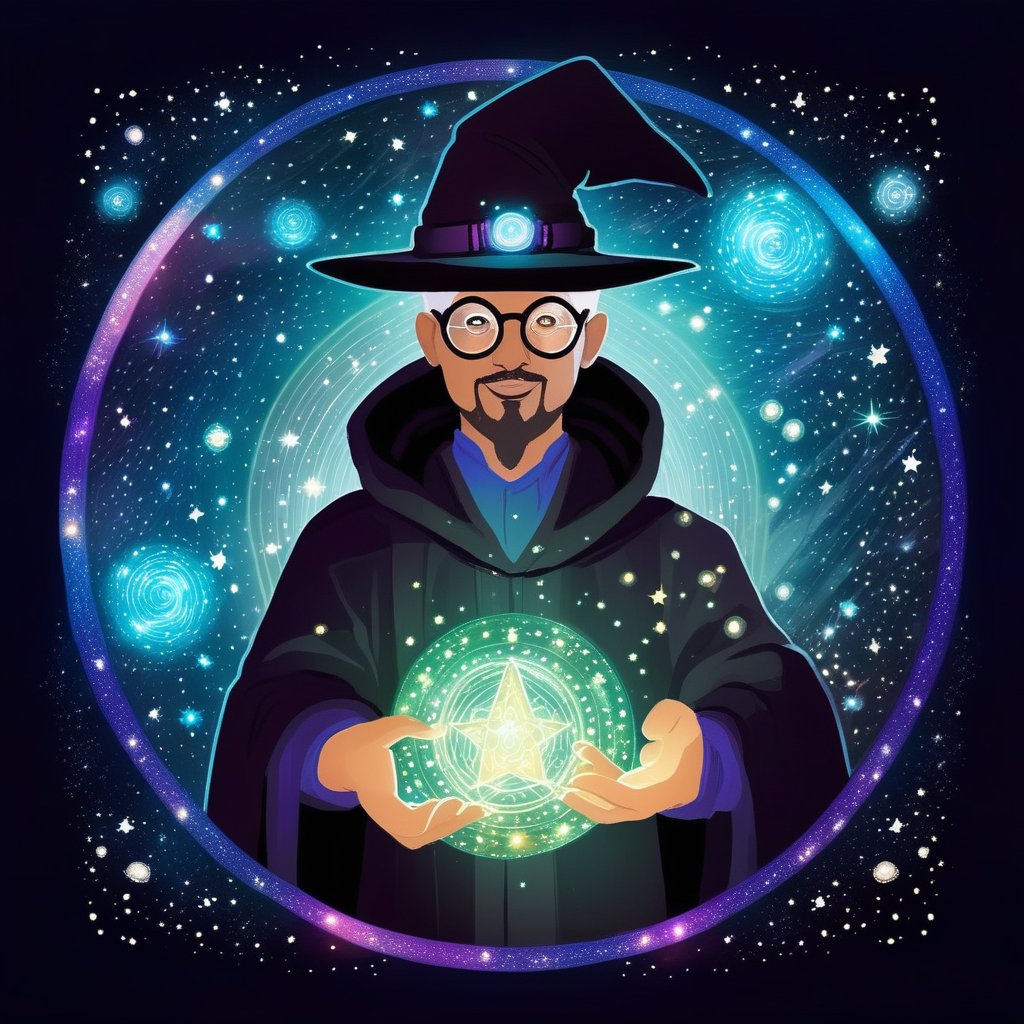 Circle, a magician man with reading glasses, master for an RPG, he wears wizard robes, is in the midst of the universe and stars, full of mystical ancestral magic with magical sparkles and a given D20 in the background