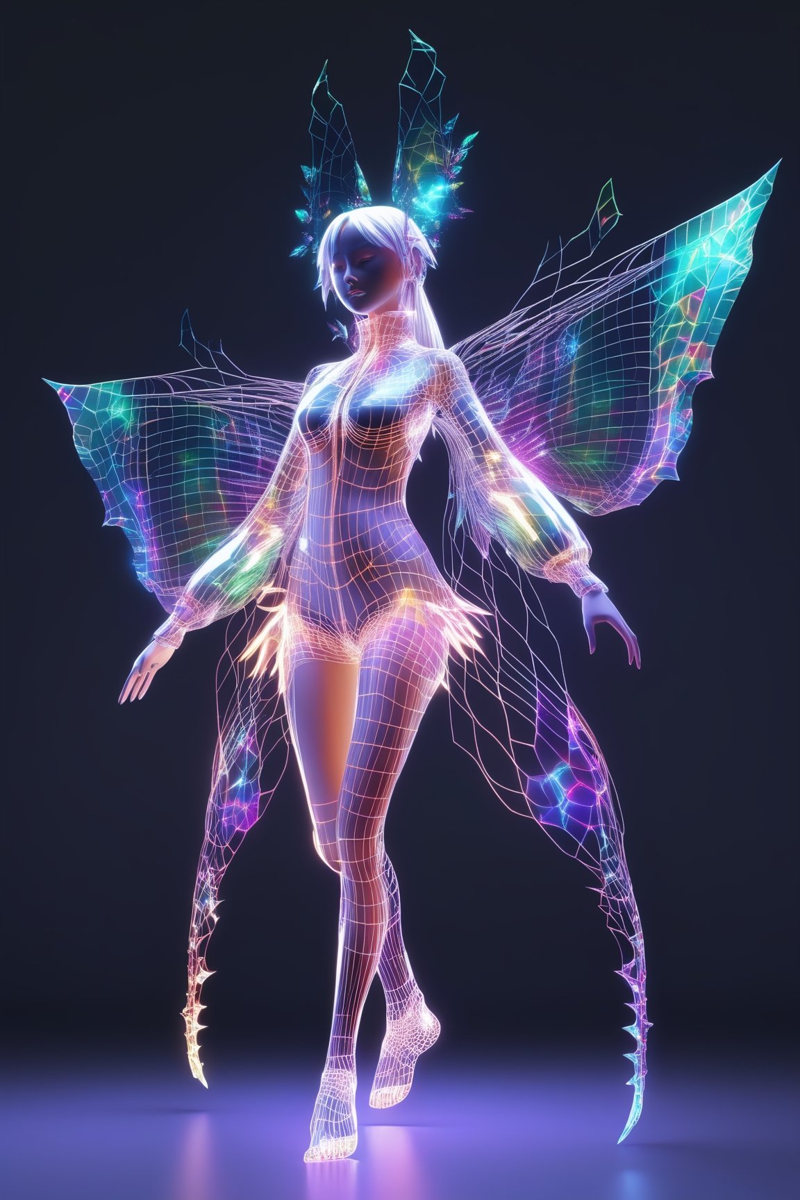 FULL BODY SHOT, 1girl, ((virtual disintegration wireframe rgb:1.32)), (matte skin:1.1)
translucent, transparent, reflection, colorfull, colored, (girl with butterfly wings:0.3)
iridescence holographic Clothing, magic, elemental, fire, water, frozen