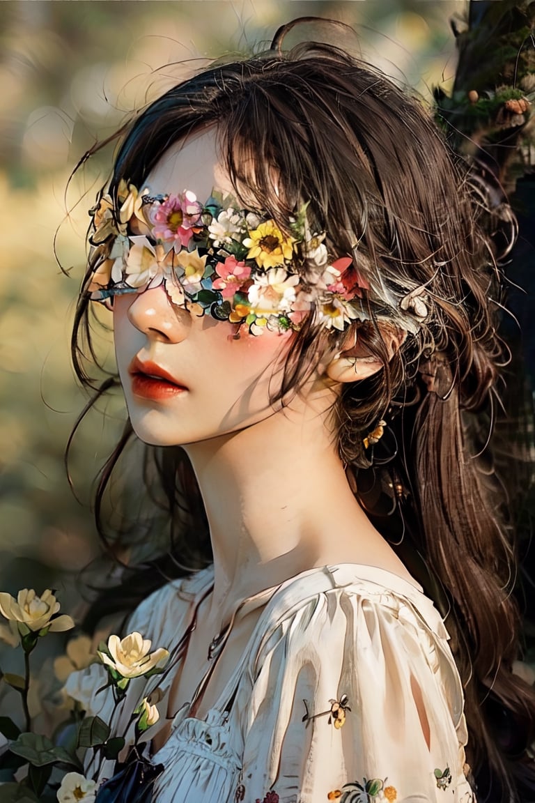 1 girl, portrait, flower gardern, masterpiece, best quality, nature light, Circle, nature background, Flower Blindfold, crying, (tear), Wide Shot, 32k, 