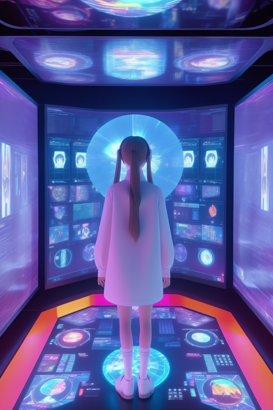 colorfull, effect, anime style, a screen shot of a girl look at viewer that is on display in a museum of computer technology, hologram, frozen, masterpiece, best quality, high detailed, magic circle, detailed face, Wide Shot, full body