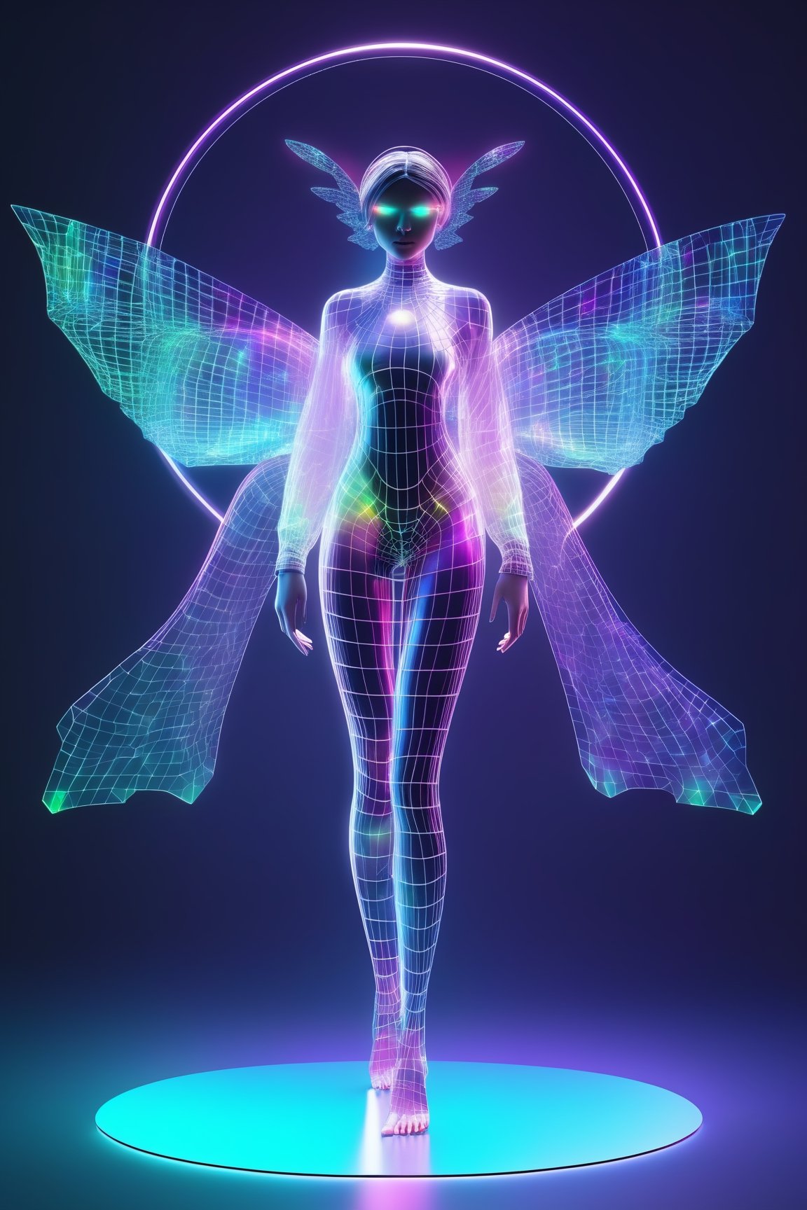 FULL BODY SHOT, 1girl, ((virtual disintegration wireframe rgb:1.32)), (matte skin:1.1)
translucent, transparent, reflection, colorfull, colored, (girl with butterfly wings:0.3)
iridescence holographic Clothing, magic, (elemental background), circle