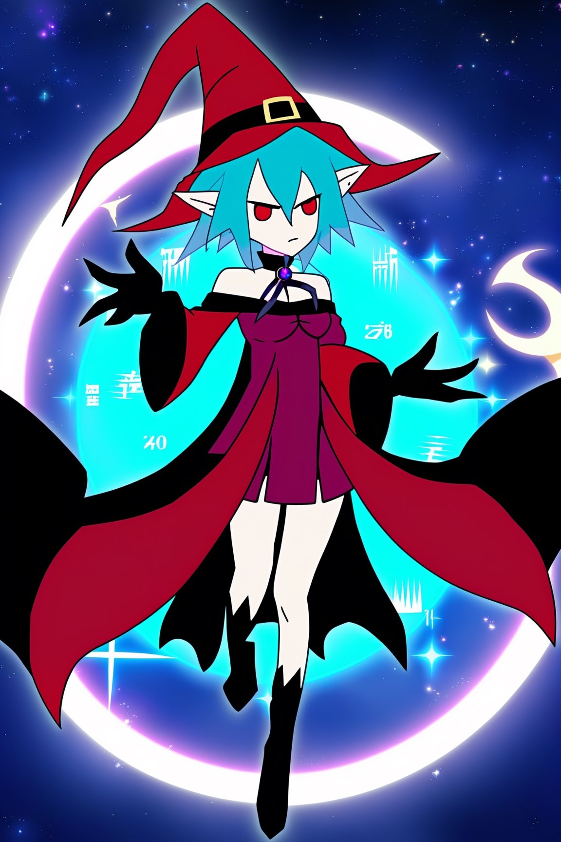 maou1, school uniform, serafuku, blue skirt, pleated skirt, red neckerchief, long sleeves, pointy ears, demon horns, purple eyes, aqua hair, long hair, chibi, (bare shoulders, black cape, black gloves, blush, cape, choker, collarbone, dress, fingerless gloves, gloves, hat, long sleeves), looking at viewer, off-shoulder dress, off shoulder, (red dress, witch hat), ((masterpiece)), backgound, Around the magic ,magic surrounds ,magic rod, Infinite wisdom, blue flame, Warlock, Magical Circle, (megumin:0.4), elemental