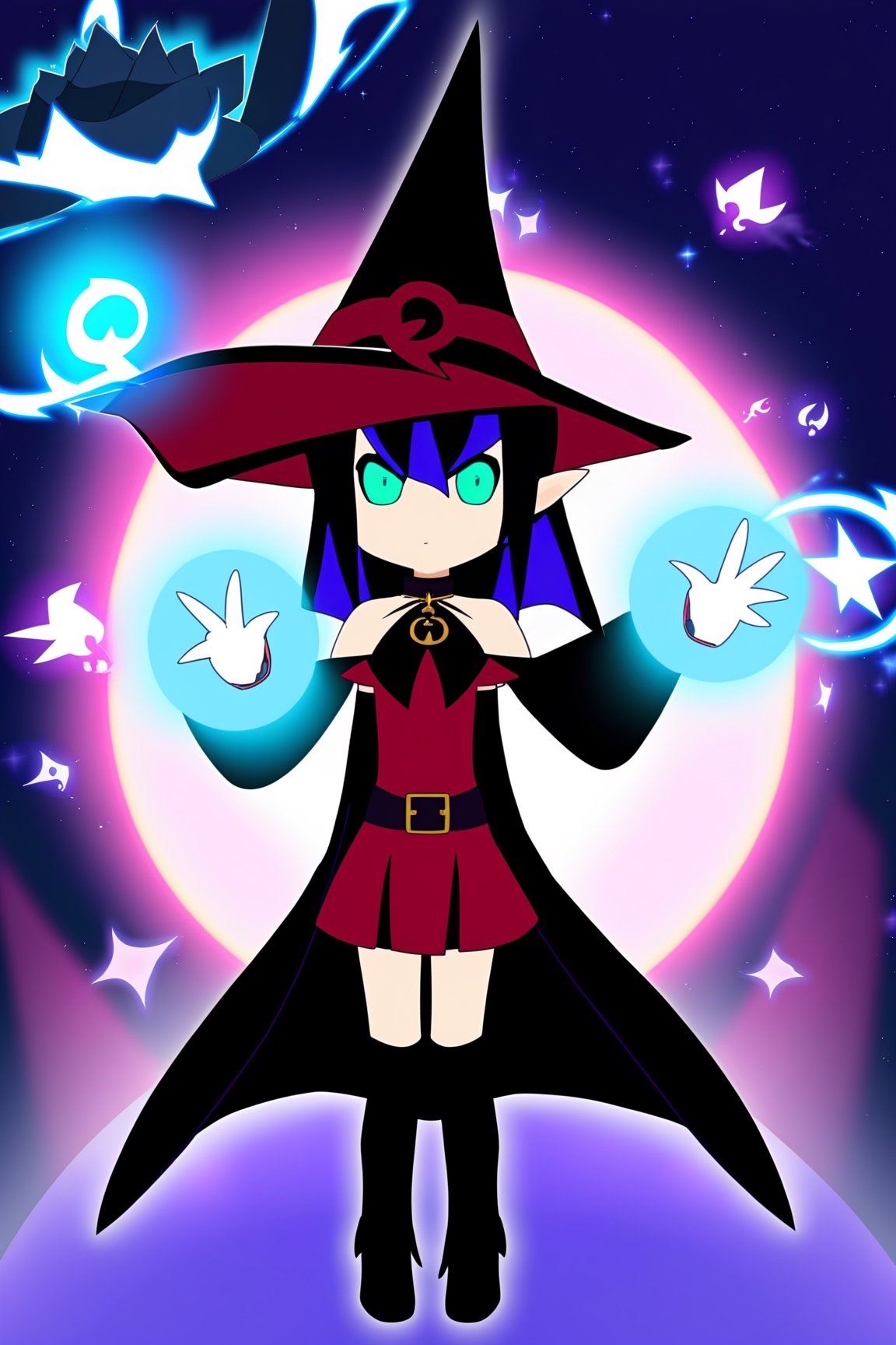 maou1, school uniform, serafuku, blue skirt, pleated skirt, red neckerchief, long sleeves, pointy ears, demon horns, purple eyes, aqua hair, long hair, chibi, (bare shoulders, black cape, black gloves, blush, cape, choker, collarbone, dress, fingerless gloves, gloves, hat, long sleeves), looking at viewer, off-shoulder dress, off shoulder, (red dress, witch hat), ((masterpiece)), backgound, Around the magic ,magic surrounds ,magic rod, Infinite wisdom, blue flame, Warlock, Magical Circle, (megumin:0.4), elemental