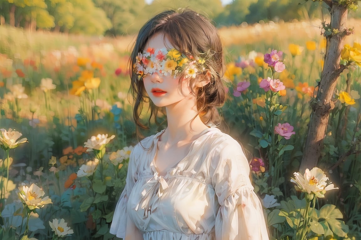 1 girl, charming, 
Flower Blindfold, long dress, Wide Short, nature landscape, masterpiece, best quality, simple background, (Circle Sora), full color, watercolor