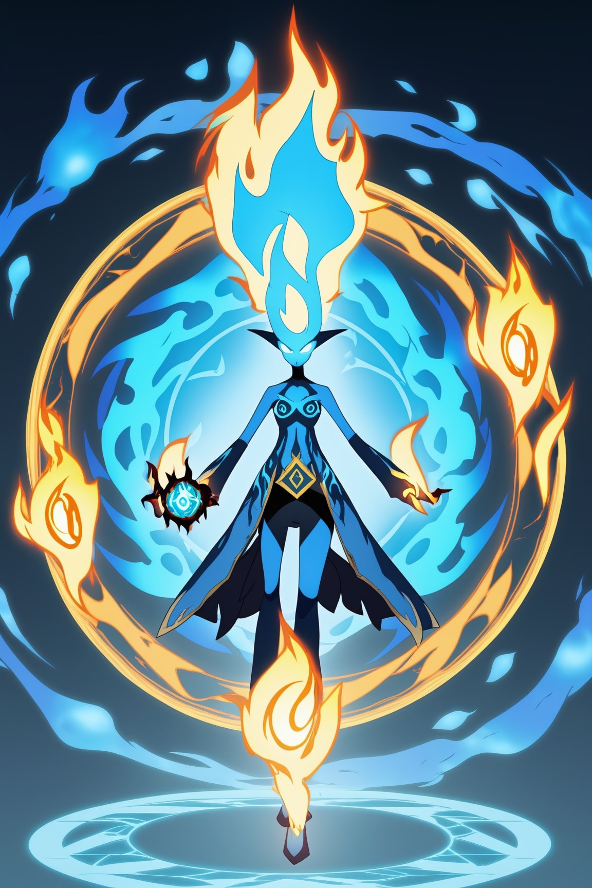  elemental,1 gir, Fire effect, water effect, Infinite wisdom, blue flame, Warlock, Magical Circle, high detailed, anime, 2d, masterpiece,