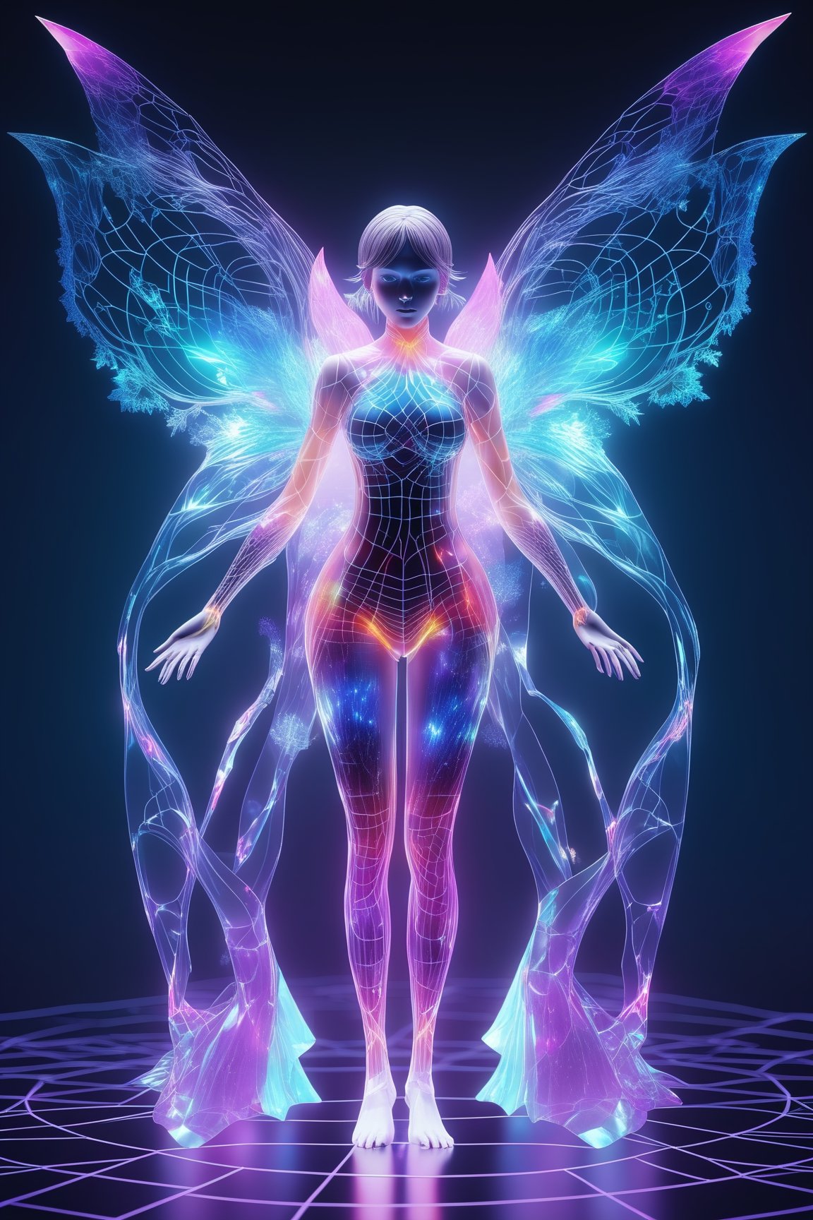 FULL BODY SHOT, 1girl, ((virtual disintegration wireframe rgb:1.32)), (matte skin:1.1)
translucent, transparent, reflection, colorfull, colored, (girl with butterfly wings:0.3)
iridescence holographic Clothing, magic, elemental theme, fire, water, frozen background