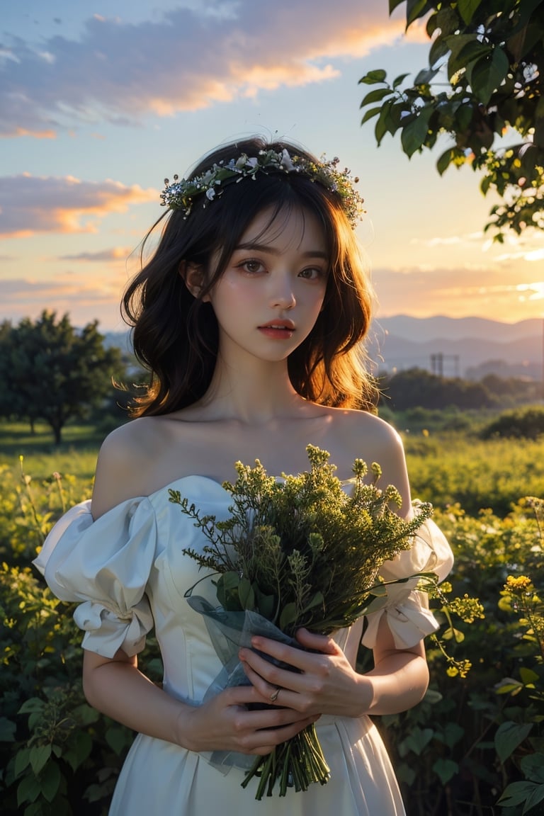 1 girl, 32k, look at viewer, charming, nature landscape, Wide Short, masterpiece, best quality, nature light, sunset background, Flower Wreath, ultra realistic, 