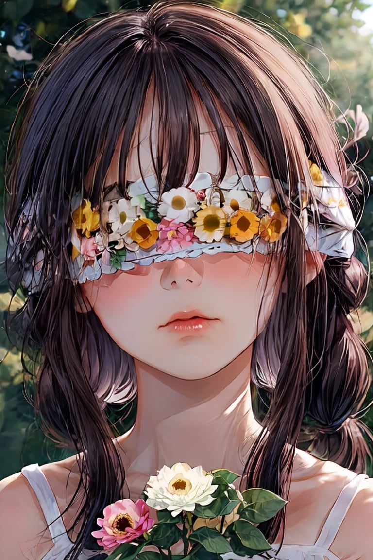 1 girl, Kanna Kamui, portrait, flower gardern, masterpiece, best quality, nature light, Circle, nature background, Flower Blindfold, crying, (tear),