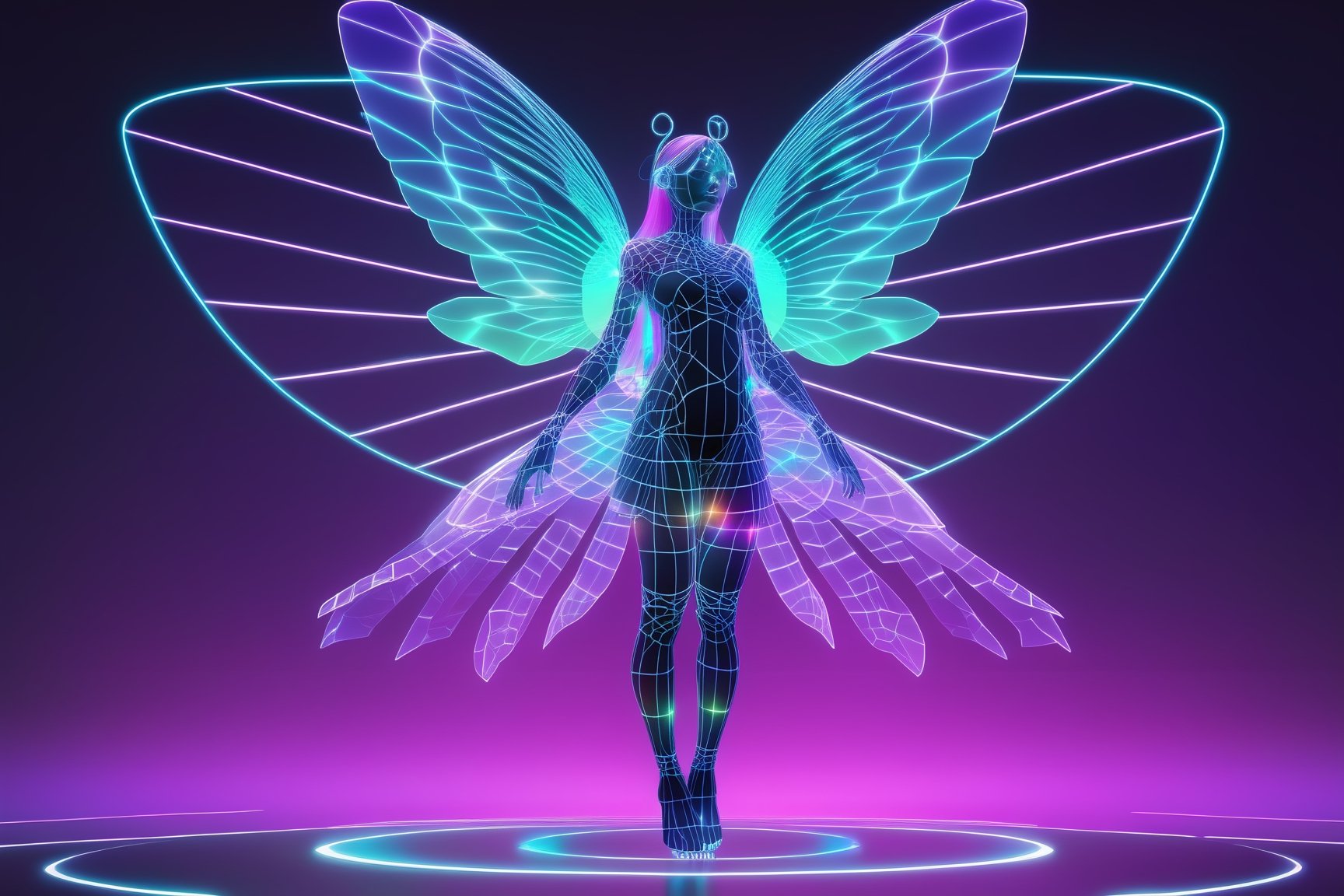 FULL BODY SHOT, 1girl, ((virtual disintegration wireframe rgb:1.32)), (matte skin:1.1)
translucent, transparent, reflection, colorfull, colored, (girl with butterfly wings:0.3)
iridescence holographic Clothing, magic, (elemental background), magical circle