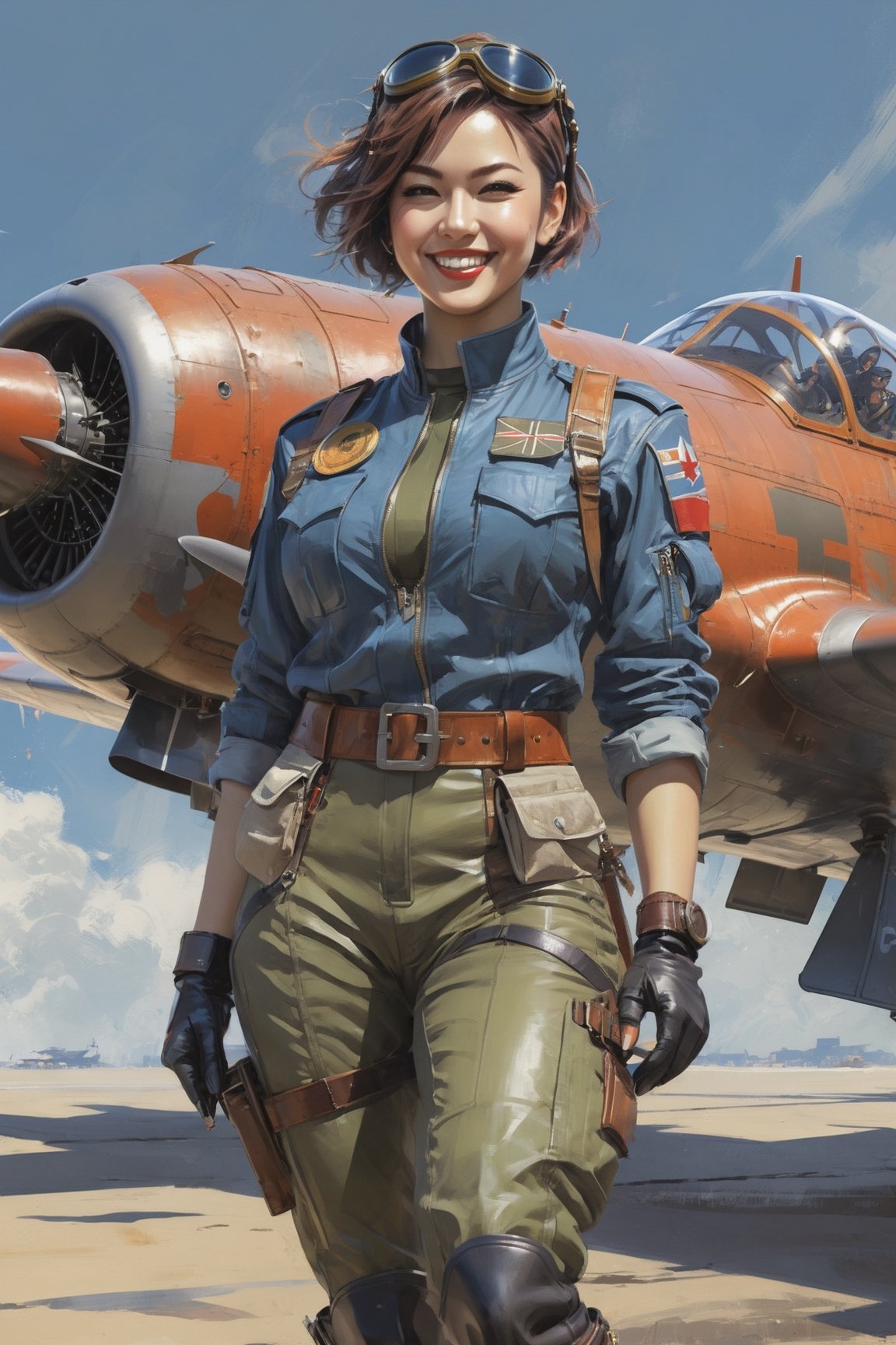 Japan dieselpunk female dieselpunk fighter airplane pilot,  full body,  short hair by Black Changer on Tensor.Art