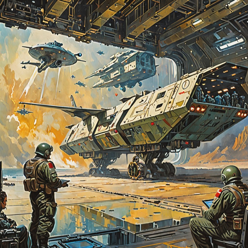 masterpiece, best quality, ultra high resolution, visually stunning, beautiful, award-winning art (abstract art: 1.3),  beautiful ))),, oil painting "soviet future" cyberpunk style.The landing bay of the space amphibious transport. There are a large number of boxes with equipment and ammunition in the compartment. Several armored cars and amphibious flying transporters. Space mercenary paratroopers lined up for a briefing before landing. The Chief of Staff and the commander of the landing force show a holographic map on an interactive screen and set a combat mission for the landing force.Watercolor, trending on artstation, sharp focus, studio photo, intricate details, highly detailed, by greg rutkowski ,more detail XL, hyper detailed, realistic, oil painting, by julie bell, frank frazetta, cinematic lighting,Sci-fi 