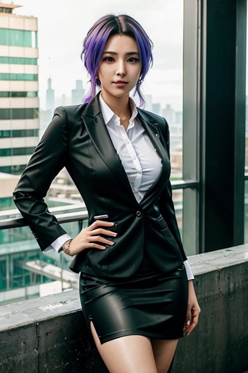 beautiful CYBERPUNK anime SEXY female 32 old CONSTRUCTION ENGINEER IN A STYLISH BUSINESS SKIRT SUIT RELAXING ON THE BAD AF...