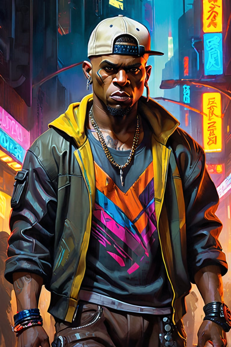 masterpiece, best quality, ultra high resolution, visually stunning, beautiful, award-winning art (abstract art: 1.3), beautiful ))), , oil painting "Blade runner" cyberpunk style.
A character from the cyberpunk game universe Shadowrun is an orc rapper, a street thug, in a colorful long-sleeved T-shirt and a short-sleeved hoodie over it. Wearing a colored bandana around his neck and a baseball cap on his head.

Watercolor, trending on artstation, sharp focus, studio photo, intricate details, highly detailed, by greg rutkowski , more detail XL, hyper detailed, realistic, oil painting, by julie bell, frank frazetta, cinematic lighting,