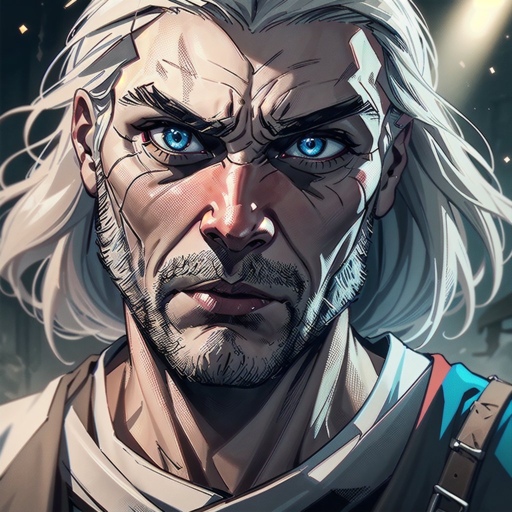 Create an image where the Witcher Geralt is depicted in a state of fear. His face shows surprise and tension, with his eyes wide open. The surrounding environment is dark, with subdued lighting, creating an atmosphere of mystery and uncertainty. It's important to convey his emotions and fear in this situation