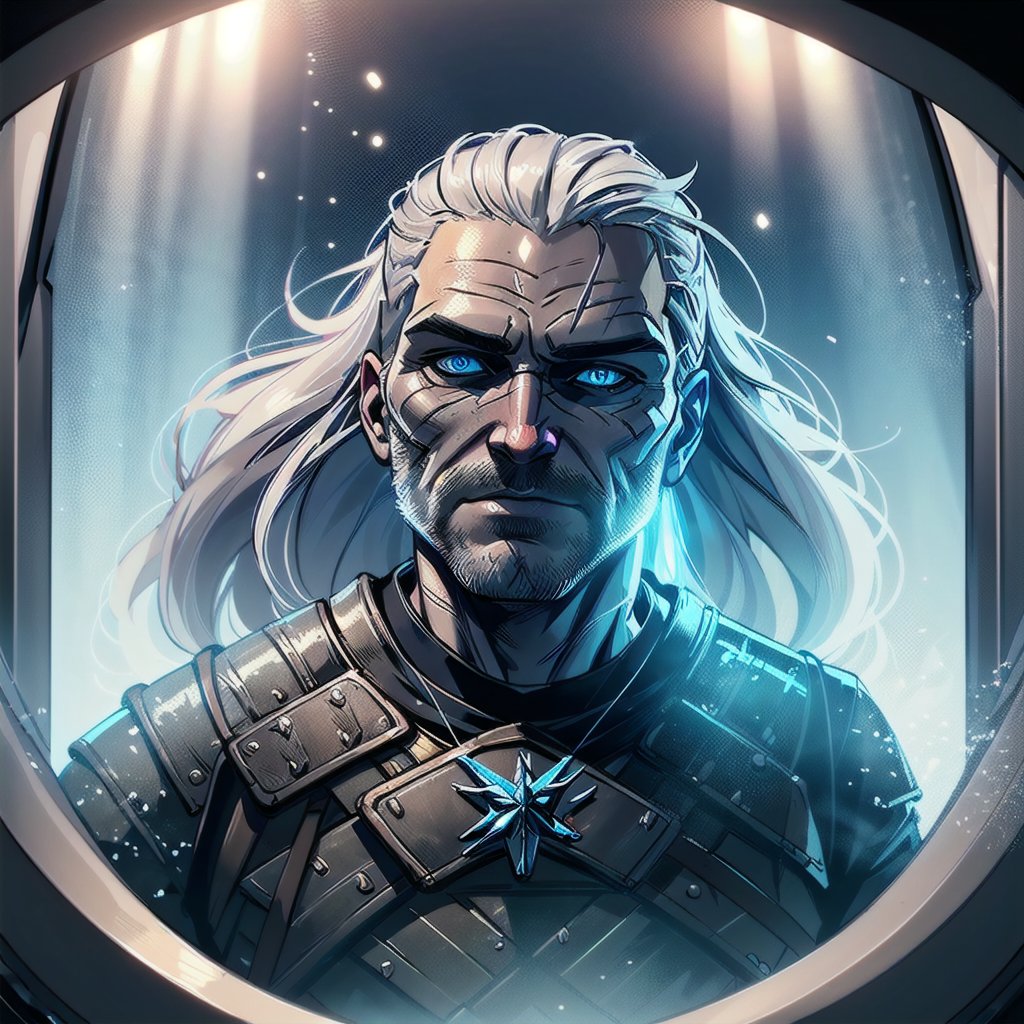 Witcher Geralt wakes up in a cryo capsule in a sci-fi environment. Show him awakening with a blue light in his eyes, the capsule frosted, and monitors around.