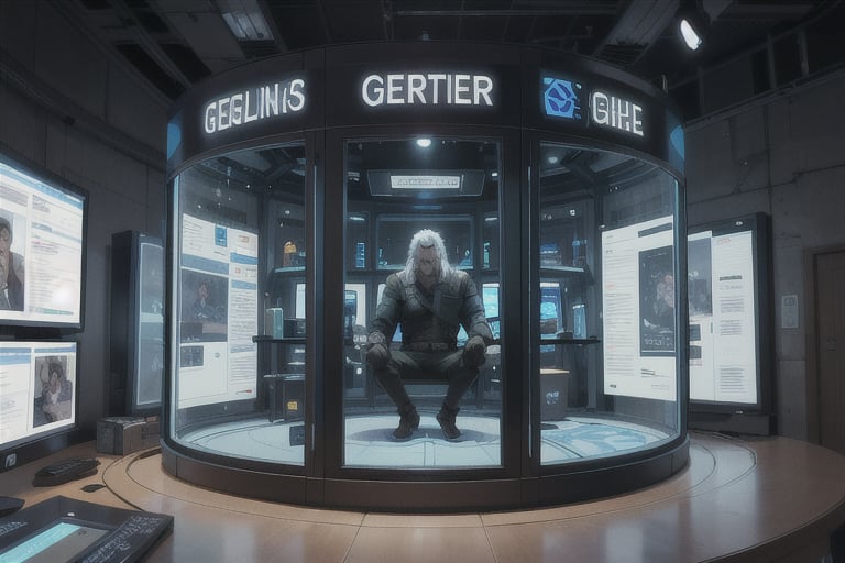 In the center of the frame, there is a futuristic glass box with sleeping Geralt of Rivia inside. Around him, there are futuristic devices and monitors with displays showing advanced technology.