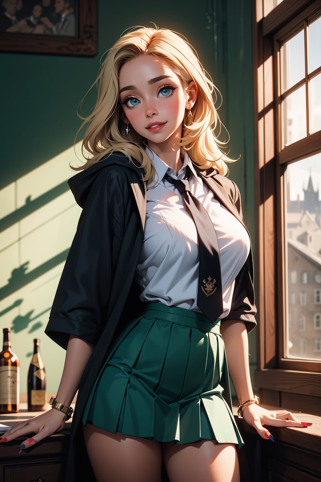 28 year old european woman,1girl, solo, long hair, breasts, looking at viewer, smile, large breasts, ashy blonde hair, shirt, blue eyes, standing, white shirt, short sleeves, dark green pleated skirt, dark green skater skirt, black hooded robe, cowboy shot,((green necktie)), collared shirt,  indoors, nail polish, lips, fingernails, head tilt, window, no panties, bottle, red necktie, red nails,forehead,hogrobe,hogwarts,hermione granger, magic wand, potions class