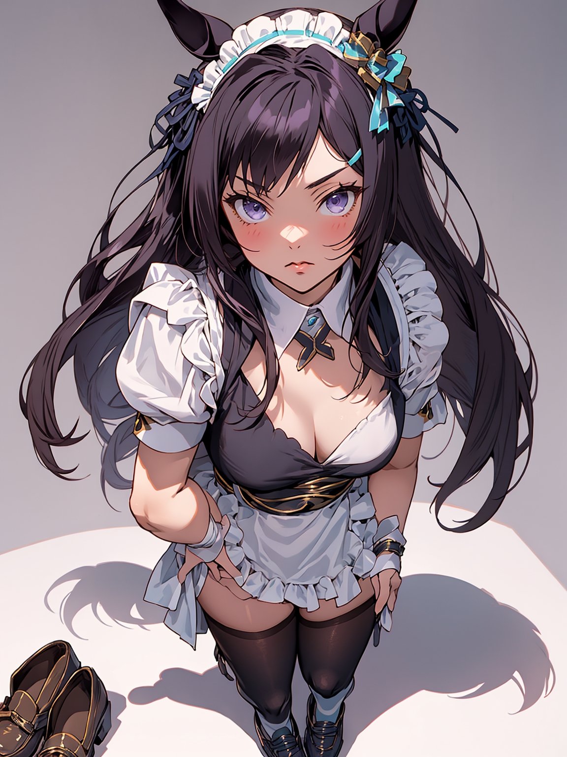 masterpiece, best quality,mejiro dober \(umamusume\),alternate costume, maid headdress, white thighhighs, enmaided, shoes