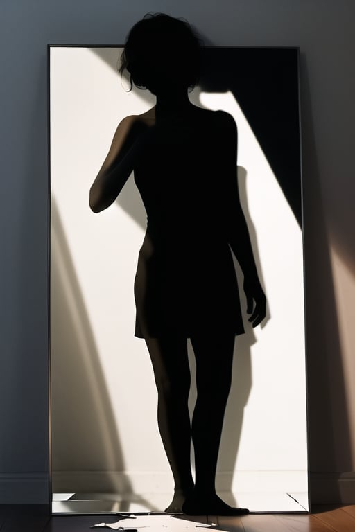 Faceless woman made of shadow looking in a cracked mirror,  seeing herself in many shards and crying a single tear by Alxi...