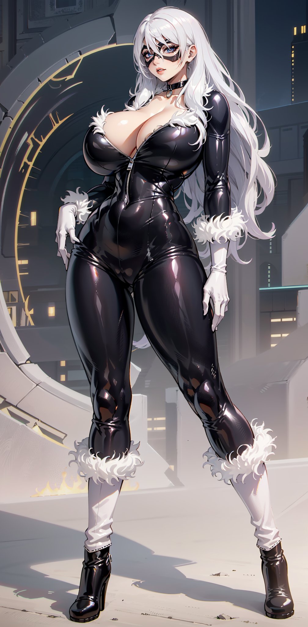 CARTOON_felicia_blackcat_ownwaifu, (white hair), collarbone, mask, black bodysuit, (domino mask:1.2), (white gloves:1.2), black choker, (black collar), (white fur trim), cleavage, skin tight, unzipped, (underboob:1.3), (wavy hair), latex, shiny, (shoulder length hair), (white boots:1.2), (high-heel boots), (Gigantic breasts), (gigantic cleavage), (fur trim), (muscular woman:1.2), black leather, Leather catsuit, (black catsuit:1.2), (white fur trim:1.3), (white hair:1.4), (gigantic breasts), (huge breasts), high detail, long legs, (Gigantic breasts), (Massive breasts), (muscular woman:1.2), huge breasts, high detail, long legs, (athletic woman), (very tiny waist:1.4), Beautiful detailed face, best quality, (layered hair), tiny waist, firm lips, full lips, thin waist, Big breasts, sanpaku eyes, high resolution, high quality, Hair over eyes, MarvelBlackCat, ,MarvelBlackCat