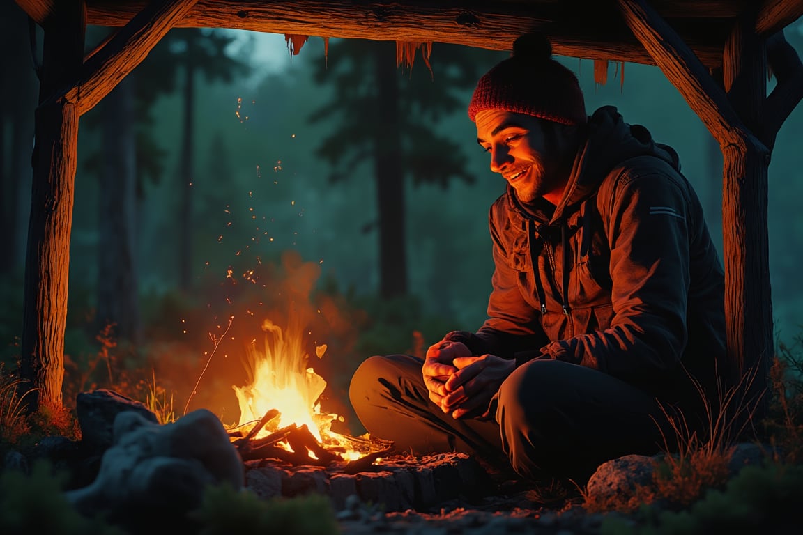 (Masterpiece) prompt: A person in a patterned sweater and beanie smiles gently beside a crackling campfire under a wooden shelter, with the dimly lit, tranquil forest in the background at dusk, highly detailed, vibrant, production cinematic character render, ultra high quality model,vibrant painting