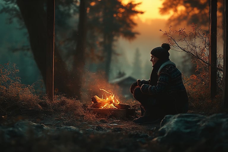 (Masterpiece) prompt: A person in a patterned sweater and beanie smiles gently beside a crackling campfire under a wooden shelter, with the dimly lit, tranquil forest in the background at dusk, highly detailed, vibrant, production cinematic character render, ultra high quality model,vibrant painting