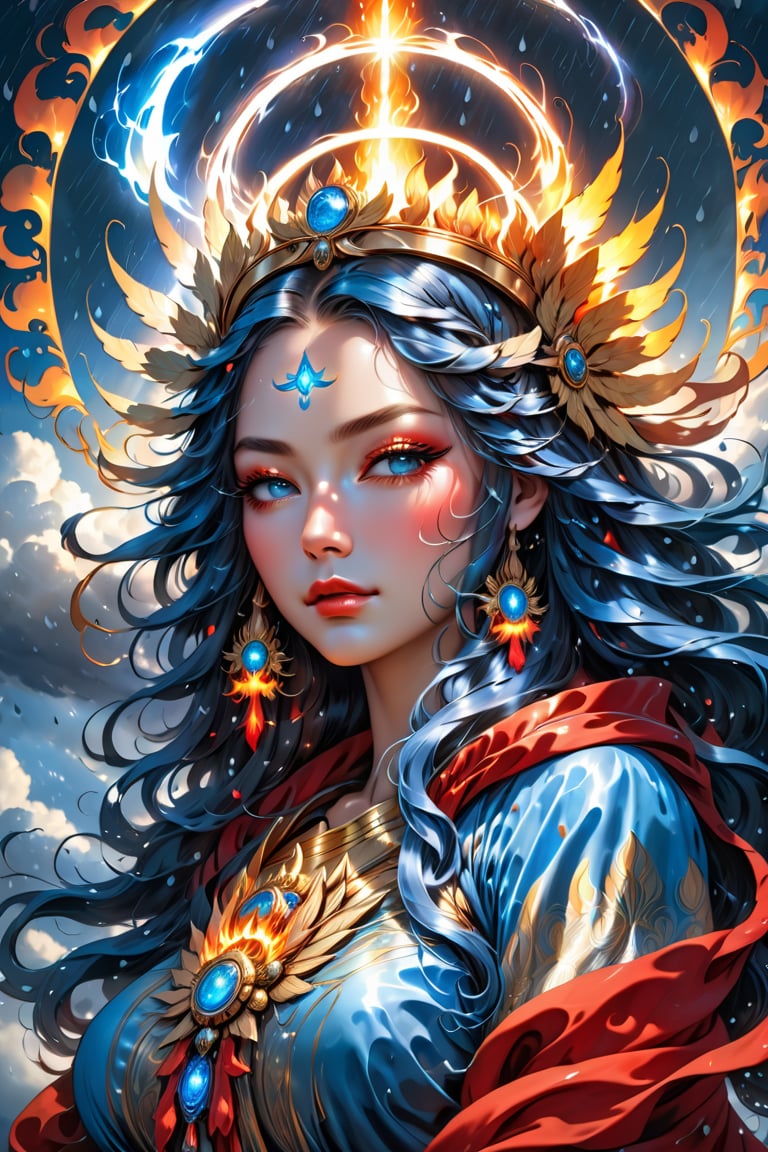 Black, blue, red, a close up of a woman with  hair flame head, shed long hair, female curves, portrait of queen of element, eyeliner, cute kissable lips, extremely detailed goddess shot, goddess art, npc with a saint\'s halo, by Hidari Jingorō, goddess portrait, goddess of elements, her form illuminated by the rain and sky, royal electric halo, epically murky cold image, npc with a saint's halo, celestial aura, bright divine lighting,  cloud, sky, Goddess of elements, smirking slightly, rain, murky, cold air,EpicSky