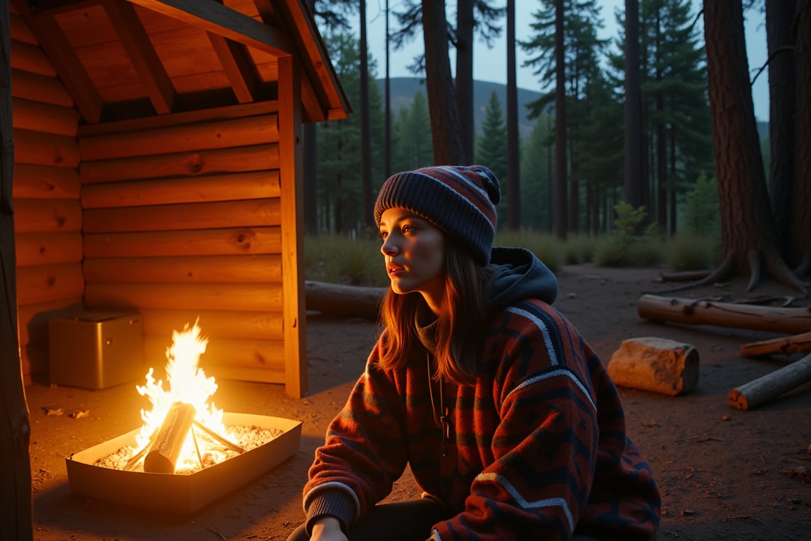 A warm, golden light spills from the crackling campfire, illuminating the rustic charm of a wooden shelter and the serene face of a person clad in a vibrant, patterned sweater and beanie. The forest's tranquil backdrop, shrouded in the soft hues of dusk, provides a picturesque setting for this cozy scene, with every detail rendered in ultra-high quality cinematic precision.