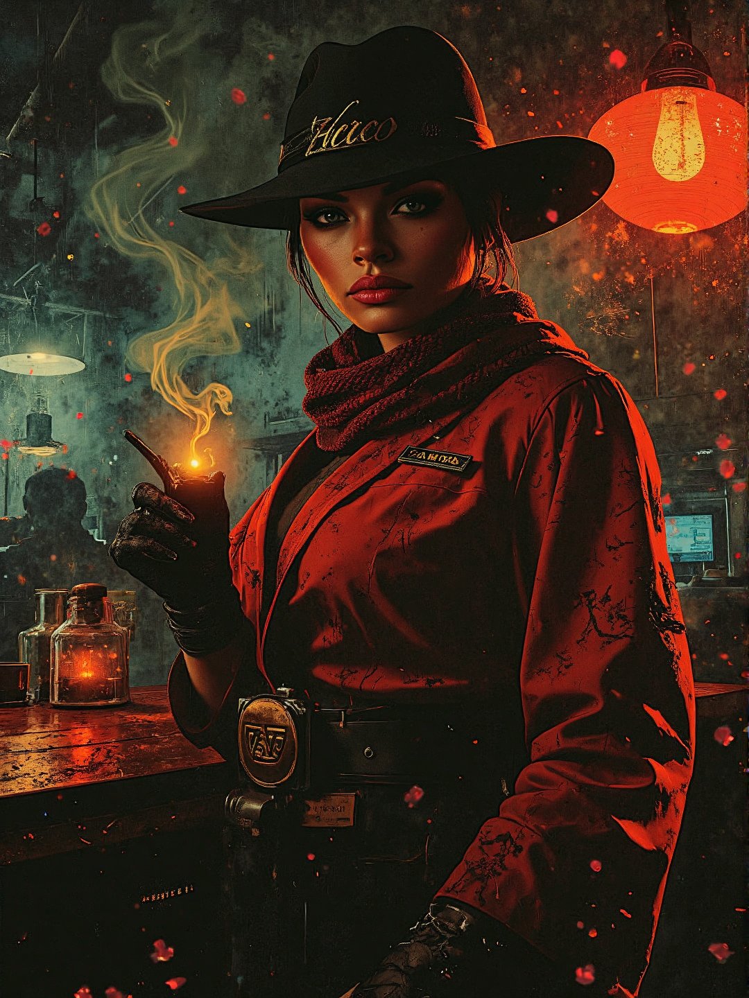 A mysterious femme fatale samurai cowboy stands out against the smoky darkness, her fashionable scarf and cowboy ensemble illuminated by a single, flickering cigarette lighter's glow. Soft focus and dramatic shadows converge to create a moody ambiance.

Illustrate a confident female samurai in a sleek, modern red kimono, blending tradition and mystery. She stands in a dimly lit bar, framed by the soft glow of neon lights reflecting in a rain-soaked window. Holding a katana in one hand and a cigarette in the other, smoke curls upward toward flickering shadows.

Capture her enigmatic expression as she whispers on her embossed cursive hat, amidst the city's gritty nightlife. Incorporate swirling smoke, cherry blossoms scattered at her feet, and subtle red glow reflecting off her katana blade.