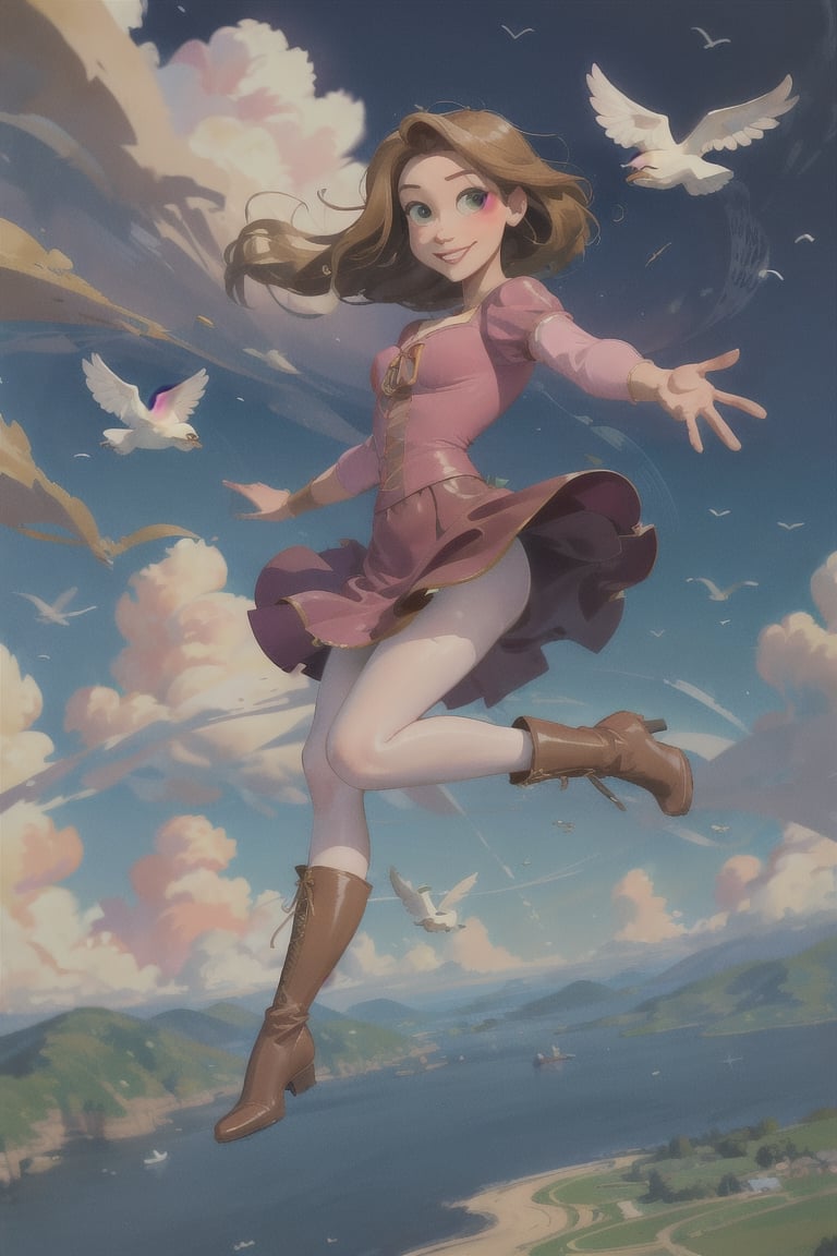 ((masterpiece,best quality)), absurdres, solo, smiling, full body, looking at viewer, (white_pantyhose), pink dress, brown leather boots, dynamic pose, flying, soaring, sky on background, ,SAM YANG,kitagawa marin sb,cartoon