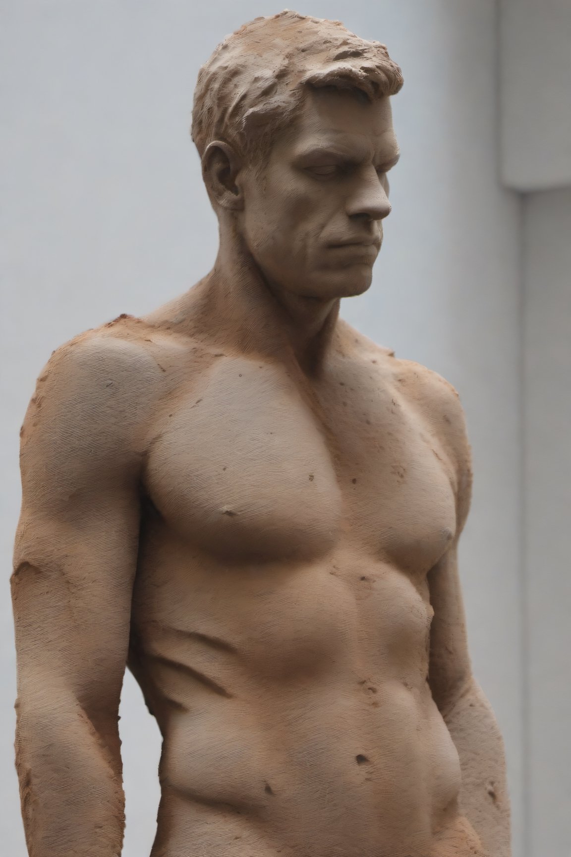 Unfinished details sculpture body portrait, photorealistic, hyperrealistic, detailed, made of eroded Rough ruined concrete, stained of rust, eroded by air bubbles on surface, full body sculpture, by Mirko Ferronato sculptor, Mirko Ferronato style sculpture, minimal, at Biennale di Venezia, neutral background, photorealistic