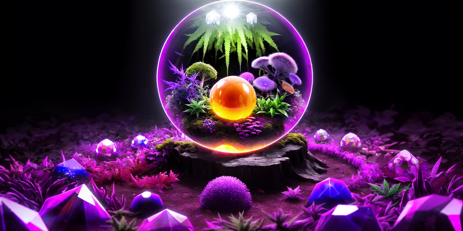 A Huge Transparent orange sphere occupies the entire image, The sphere is full screen, the camera is attached to the sphere, high resolution, | moss with hemp, mycelium, spores, purple orange plants |, light passes through the sphere, colors emit a glow, high-quality reflections, incredible shine, HDR, DLSS, upscale, 4k, fog, mother of pearl, depth of vision, surface distortion, soft light, light dirt on the lens, purest crystal sphere, transparency, Incredible neon glow,