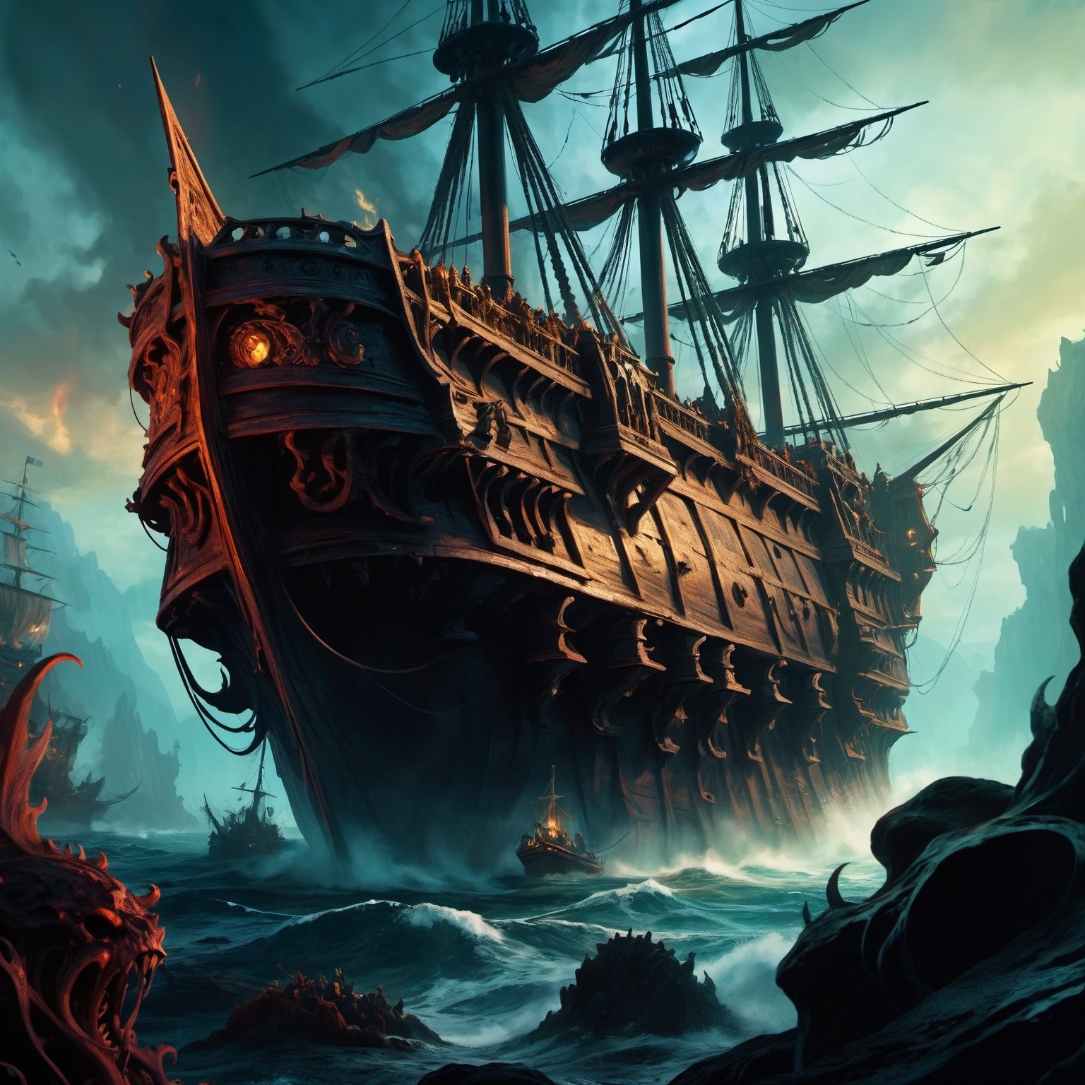 (8k HDR), (masterpiece, best quality),

Davy Jones, Captain of the Daemon Ship:

"Davy Jones commands the Flying Dutchman, a cursed starship sailing the immaterial seas of the Warp. As a Daemon Prince of Nurgle, Jones and his crew of Plague Marines and decayed souls spread disease and despair. His ship, a grotesque fusion of organic growth and rusting metal, emerges from the Warp to unleash terror on the material worlds."

dark and vibrant, mystical, (micheal bay cinematic shots), depth of field, 2D