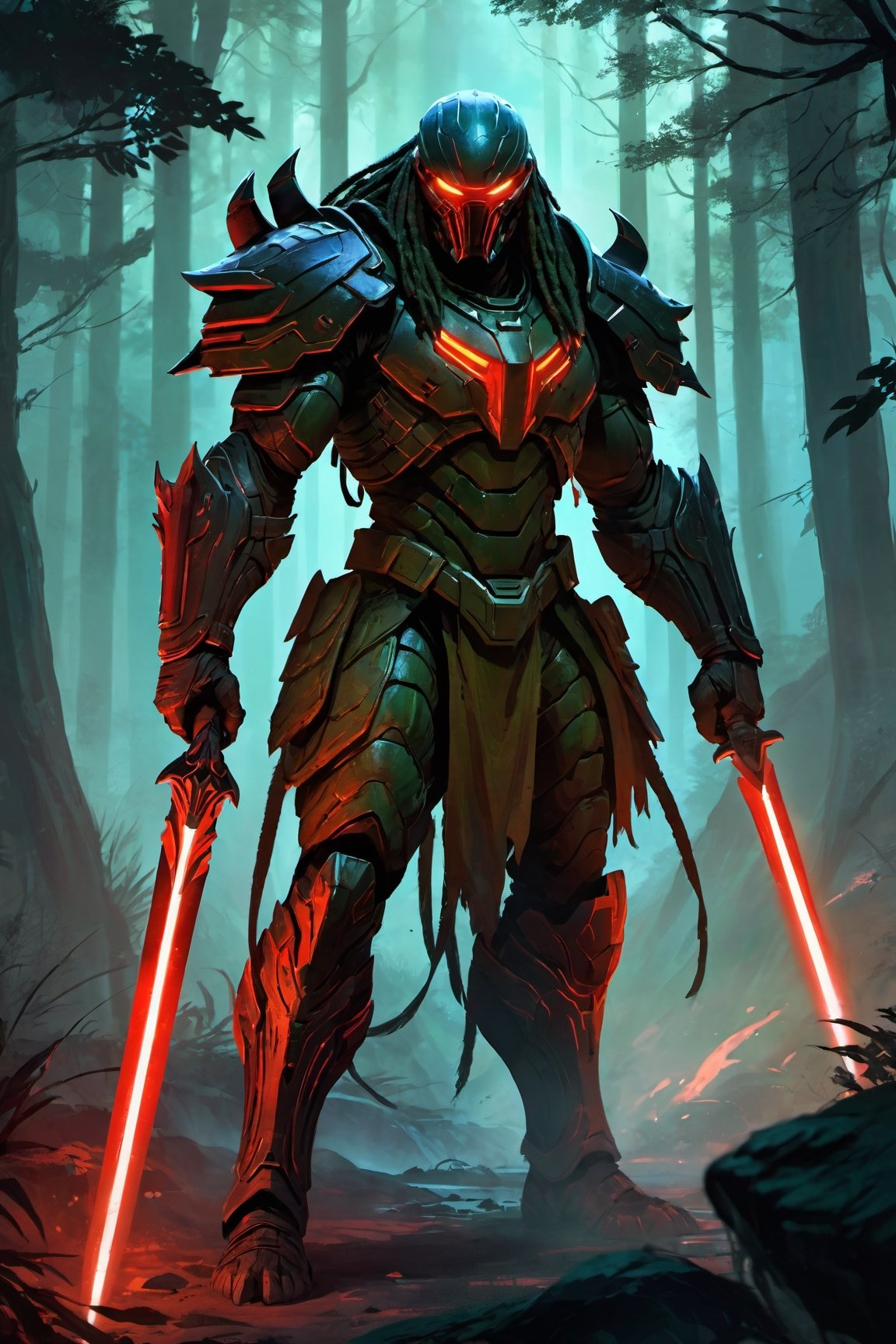 (8k HDR), (masterpiece, best quality), 

"Generate an image of a hybrid warrior combining Doom Guy and a Predator. This fearsome character wears a battle-worn, futuristic suit resembling Doom Guy's iconic armor, now integrated with Predator's distinctive bio-mask and dreadlocks. The armor is heavy, engraved with alien symbols and equipped with an advanced shoulder-mounted plasma caster. The warrior's hands grip a massive, serrated blade that echoes the brutal aesthetic of both universes. His eyes, visible through the slits in the mask, glow with a menacing red light. Set in a dark, dystopian landscape littered with the remnants of demonic and alien foes, this ultimate hunter stands poised for combat, surrounded by a faint, eerie mist and the dim glow of distant fires."

dark atmosphere, vibrant colors, depth of field, 2D