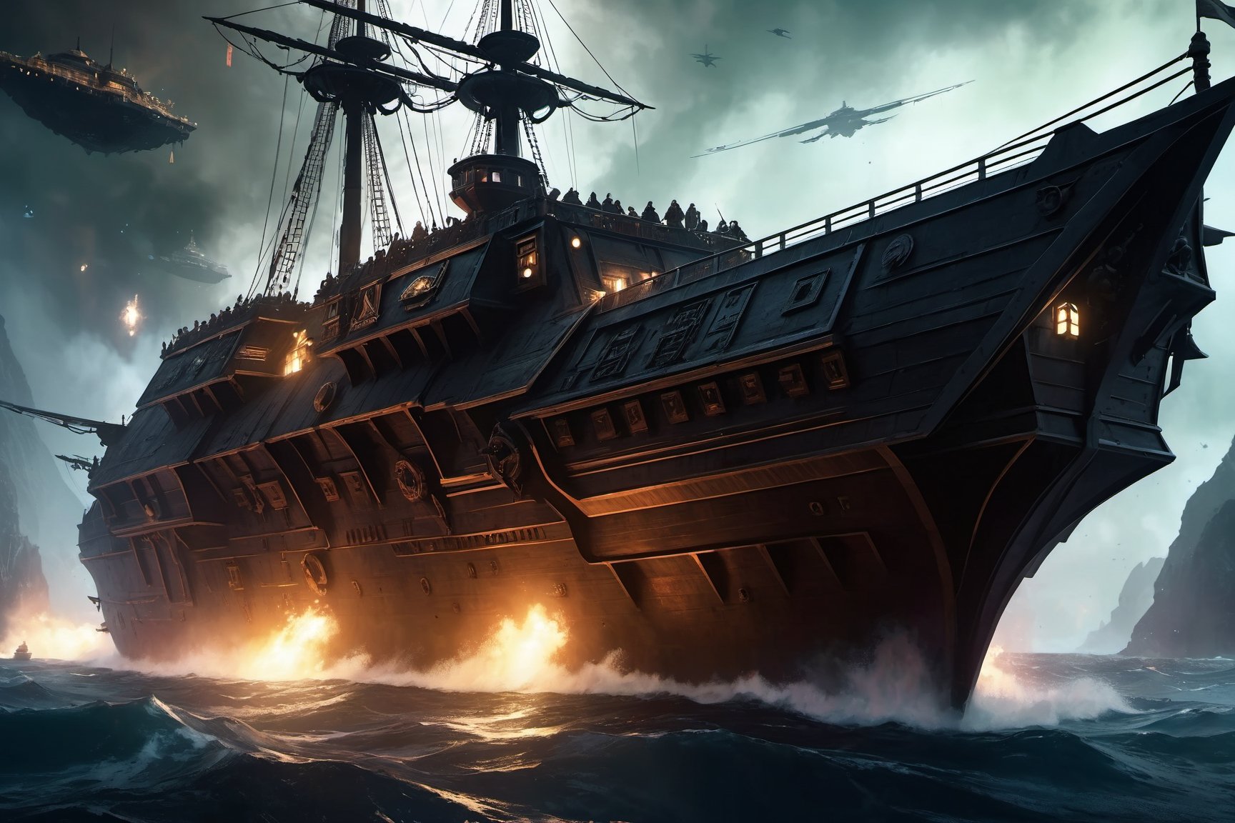 (8k HDR), (masterpiece, best quality),

Captain Jack Sparrow’s Rogue Trader Ship:

"In the grim darkness of Warhammer 40K, Captain Jack Sparrow commands a Rogue Trader vessel, The Black Pearl, a heavily modified spacecraft known for its astonishing speed and stealth capabilities. Sparrow, wearing a tattered coat with Inquisitorial insignias, navigates through warp storms and xenos blockades with his peculiar blend of cunning and charm. The ship’s crew, a motley assembly of humans, mutants, and aliens, engage in daring escapades across the galaxy, seeking ancient artifacts and forbidden lore."

dark and vibrant, mystical, (micheal bay cinematic shots), depth of field, 2D