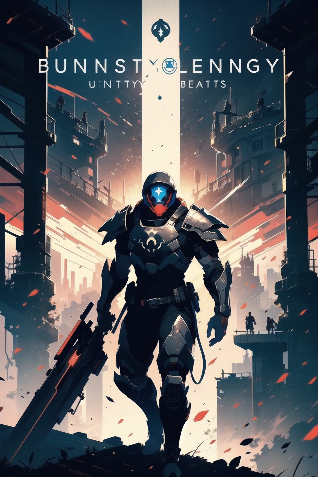 (masterpiece, best quality), (4K, UHD), (Bungie's Destiny), a male titan, wearing heavy plated armor, fiited with the best weapons, red and black color scheme, overlooking the last city of Earth from the citadel tower, 