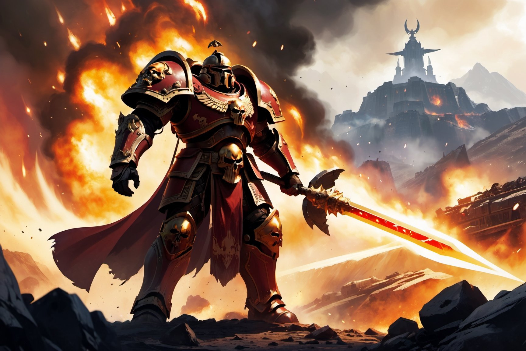 (8k HDR), (masterpiece, best quality),

Title: Ares, God of War in the Warhammer 40K Universe

Scene Description:
Ares, now a towering Space Marine Captain, clad in ornate power armor, stands on the smoldering battlefield of a war-torn planet. His armor is a masterwork of Imperial craftsmanship, deeply engraved with symbols of war and destruction, and painted in the blood-red colors of his chapter. His cape, tattered and scorched, flutters in the toxic winds.

Focal Point:
Ares wields a massive, chain-wrapped thunder hammer, glowing with arcane energies, raised high as he charges into a horde of alien enemies. His other hand clutches a bolt pistol, spewing fiery rounds into the melee. Around his waist, a belt adorned with skulls and relics from vanquished foes.

Background Elements:
The landscape around him is chaotic and devastated, with the remnants of a once-mighty city now reduced to rubble and flames. Exploding shells light up the dark sky, and drop pods descend in the background, bringing reinforcements or dreadnought allies.

Atmospheric Effects:
Smoke and dust fill the air, pierced by the harsh light of gunfire and explosions. In the distance, the twisted forms of enemy war machines loom, clashing against the Imperial forces.

Dynamic Action:
Ares roars a battle cry, his voice amplified by his helmet’s vox-grille, inspiring fear in his foes and fervor in his troops. Close by, Space Marines rally to his side, their armor echoing his design, forming an unstoppable tide of red and steel.

dark and vibrant, (micheal bay cinematic shots), depth of field, 2D