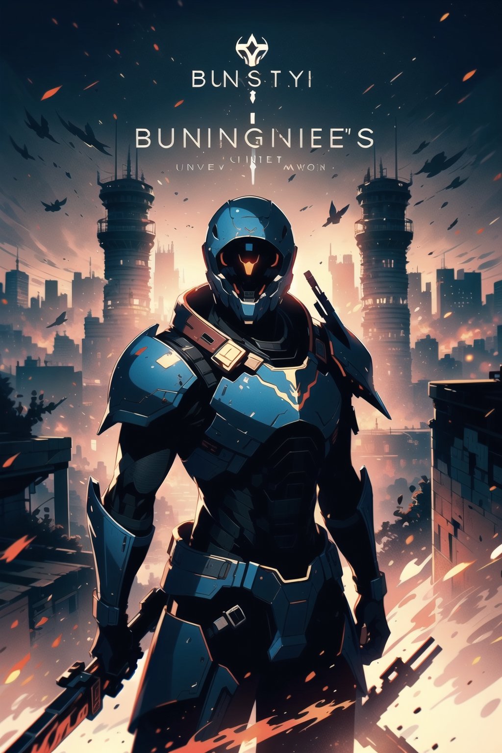 (masterpiece, best quality), (4K, UHD), (Bungie's Destiny), a male titan, wearing heavy plated armor, fiited with the best weapons, red and black color scheme, overlooking the last city of Earth from the citadel tower, 