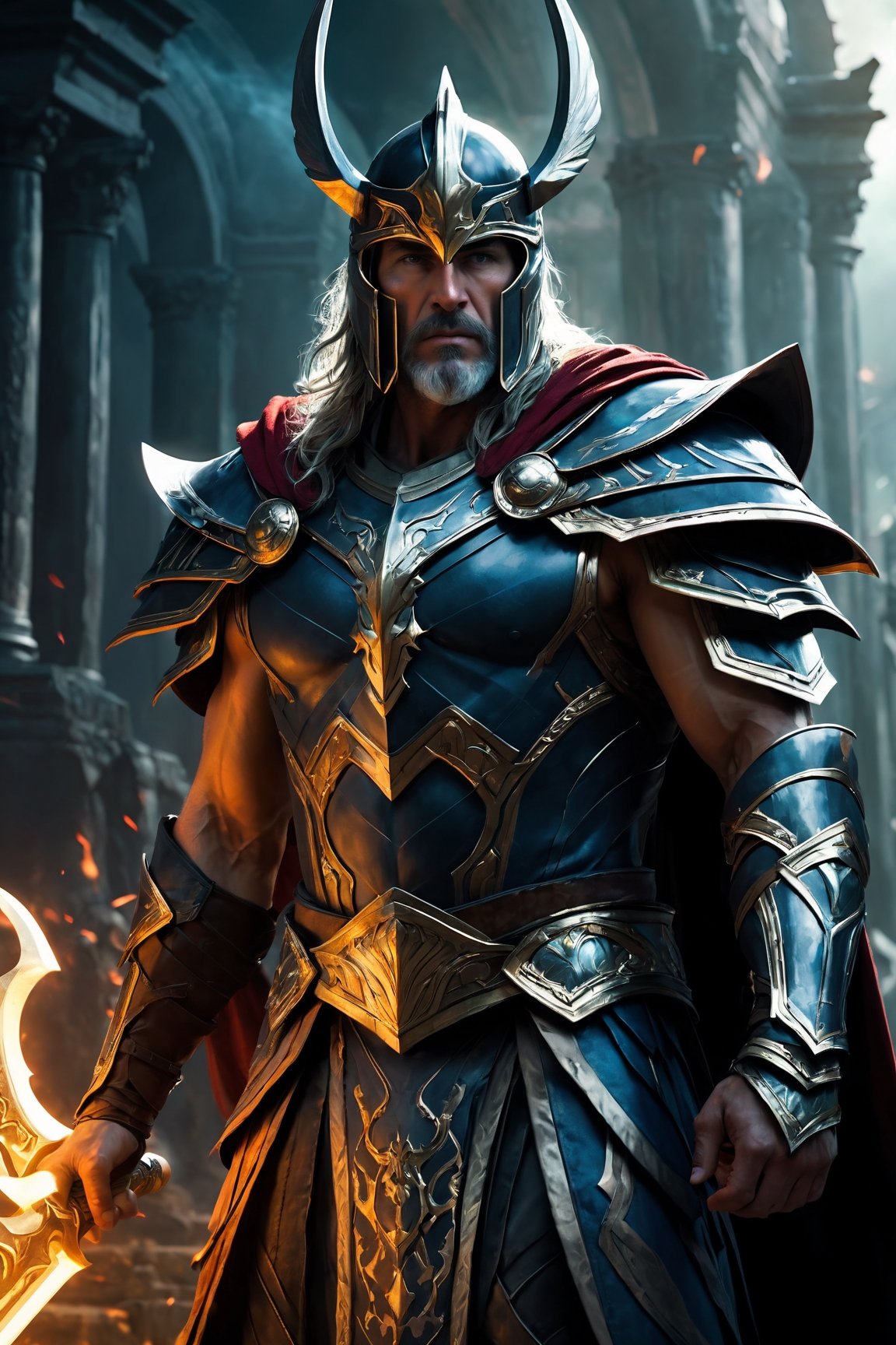 (8k HDR), (masterpiece, best quality), ((dark fantasy)),

Portrait: Thadeus in Regal Armor:

"Generate a close-up portrait of Thadeus, the God of Thunder and the Underworld, wearing regal armor that blends elements of Thor's iconic attire with the dark, imposing aesthetic of Hades. His expression is solemn yet commanding, reflecting his dual role as ruler of both realms."

dark and vibrant, (micheal bay cinematic shots), depth of field, cinematic scenery, 2D