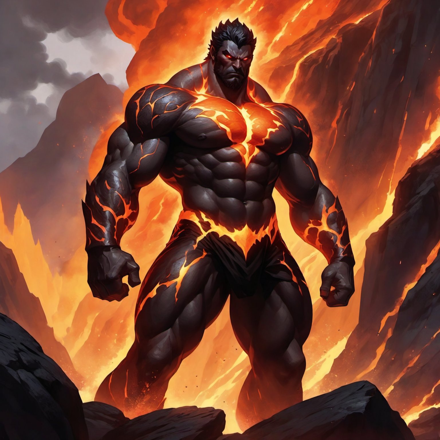 Within a blazing, crimson-lit backdrop of erupting volcanoes and rivers of magma, a majestic hero stands tall, forged from the very essence of volcanic rock. His powerful physique is sculpted from dark, rugged stone, with veins of molten lava pulsating like fiery arteries, casting an otherworldly glow on his imposing form. His blazing eyes radiate intense determination, while his hands, surrounded by an aura of heat and magma, appear ready to unleash unbridled fury upon the landscape. As molten lava drips from his fists, the hero's rocky exterior appears cracked, revealing a glowing core that pulsates with raw power and resilience.