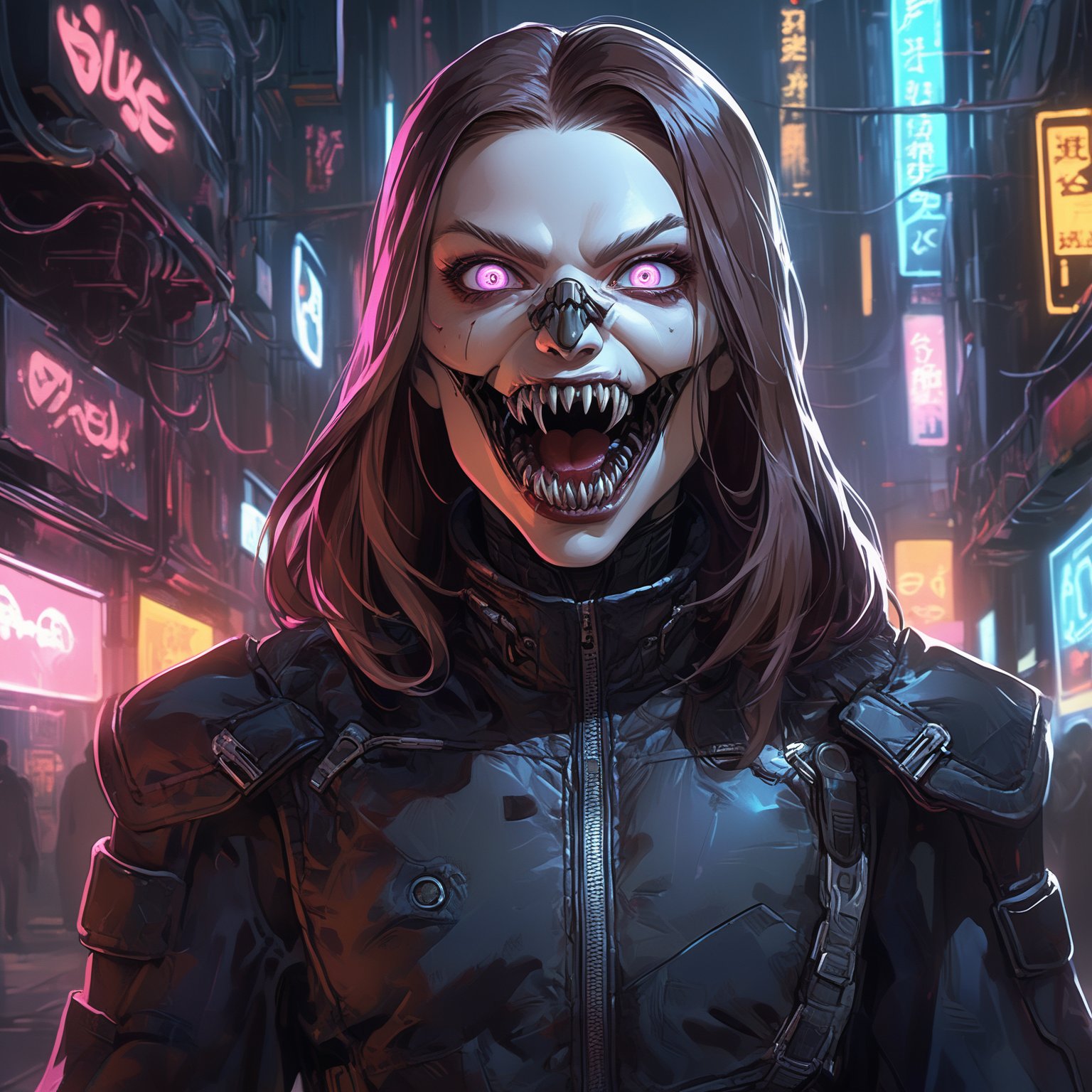 (beat quality, masterpiece), (8K, HDR), 
Cyber Fangs:
"Create an image of a vampire with cybernetic implants, blending ancient and futuristic aesthetics. The vampire lurks in the shadows of a high-tech alley, their fangs and cybernetic eyes gleaming in the neon glow."
dark atmosphere, vibrant, illustration