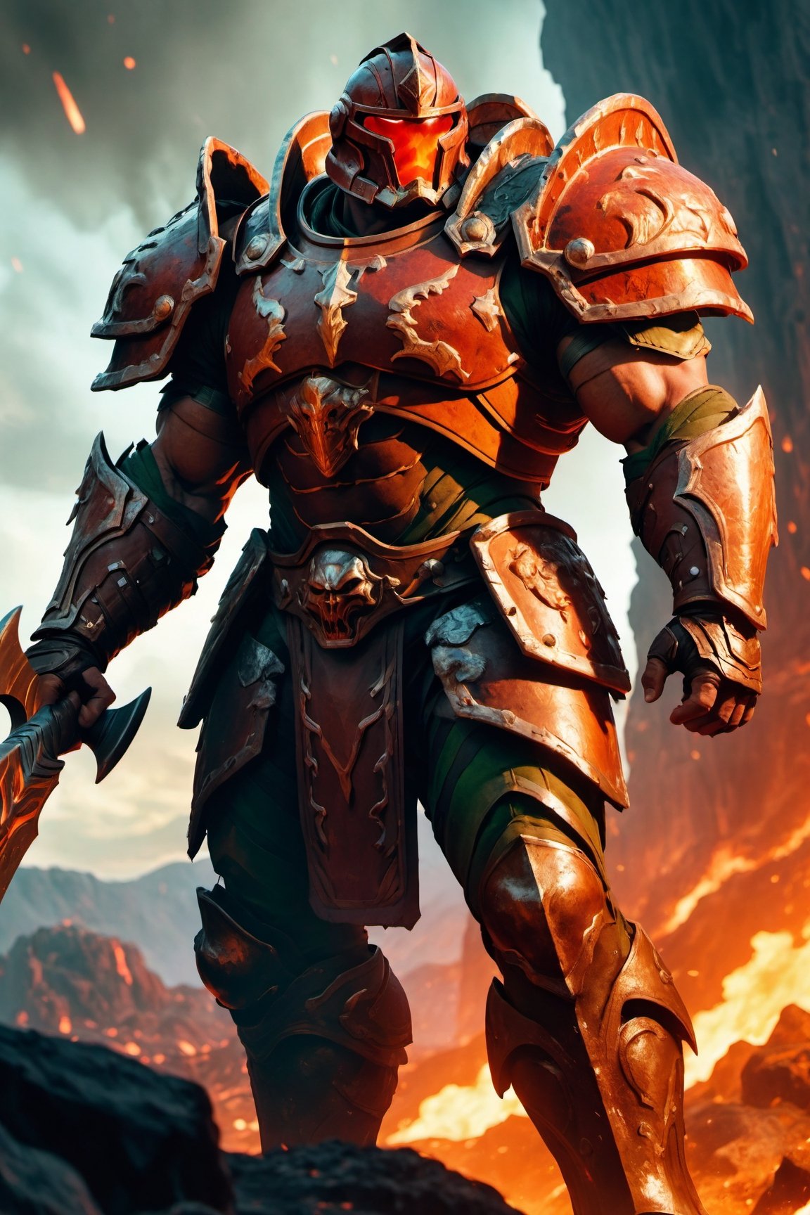 (masterpiece, best quality), (8K, UHD), 
Hercules Doom Slayer:
"Generate an image of Hercules Doom Slayer standing amidst a hellish battlefield, his glowing battle-axe raised high as he prepares to strike down a towering demon. The landscape is filled with molten lava and crumbling ancient ruins." (cinematic shots),  illustration,portrait,rgbcolor,emotion