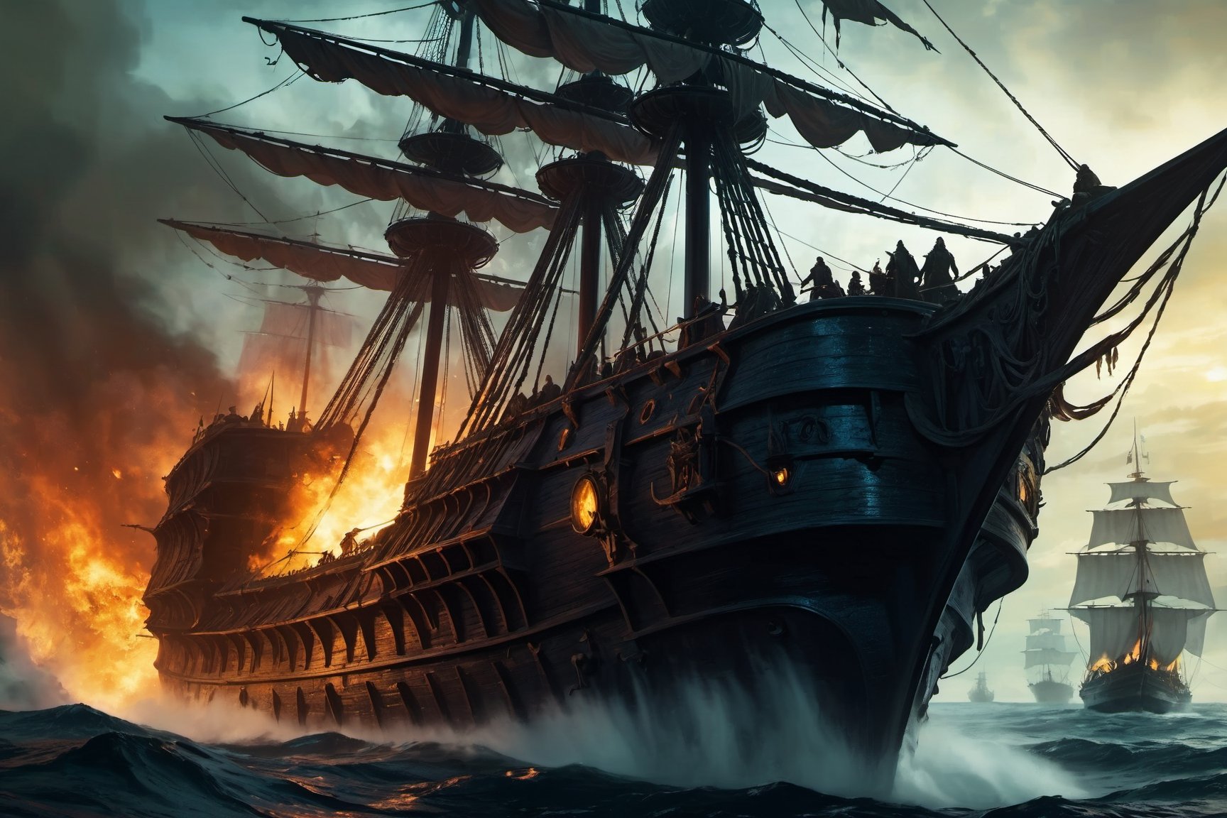 (8k HDR), (masterpiece, best quality),

Davy Jones, Captain of the Daemon Ship:

"Davy Jones commands the Flying Dutchman, a cursed starship sailing the immaterial seas of the Warp. As a Daemon Prince of Nurgle, Jones and his crew of Plague Marines and decayed souls spread disease and despair. His ship, a grotesque fusion of organic growth and rusting metal, emerges from the Warp to unleash terror on the material worlds."

dark and vibrant, mystical, (micheal bay cinematic shots), depth of field, 2D