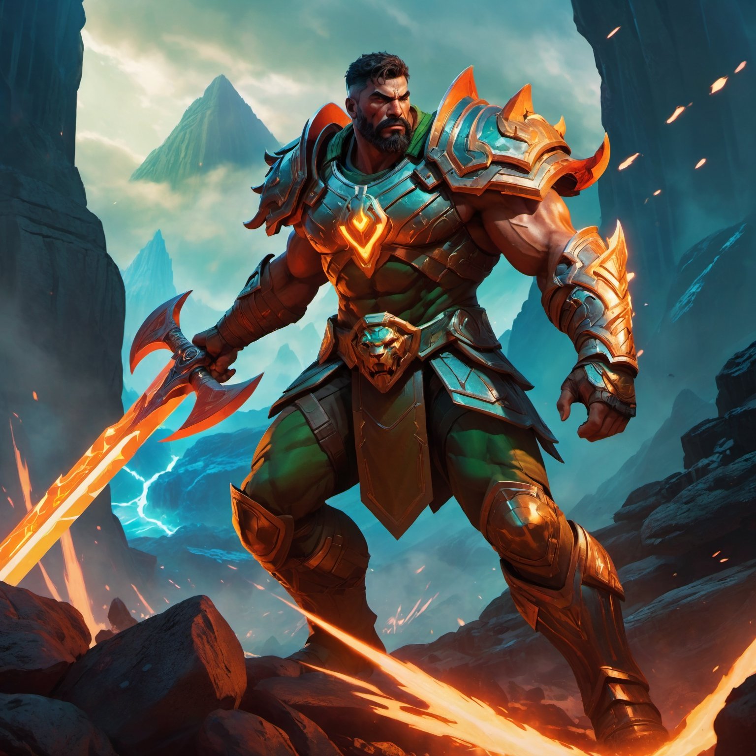 (masterpiece, best quality), (8K, UHD), 
Hercules Doom Slayer:
"Generate an image of Hercules merged with the Doom Slayer from Doom, standing as a towering figure of unparalleled strength and power. Hercules' iconic lion skin is now a rugged, reinforced element of his high-tech Praetor Suit, which is covered in ancient Greek runes glowing with fiery energy. His muscular frame is augmented by advanced armor plating, blending classical mythology with cutting-edge technology. In one hand, he wields a massive, rune-inscribed battle-axe glowing with demonic energy, while in the other, he holds a futuristic shotgun, ready to unleash devastation. The background depicts a hellish landscape, with jagged rocks, rivers of lava, and the ruins of ancient temples, as he battles demonic hordes with both divine fury and modern firepower." (cinematic shots),  illustration,portrait,rgbcolor,emotion