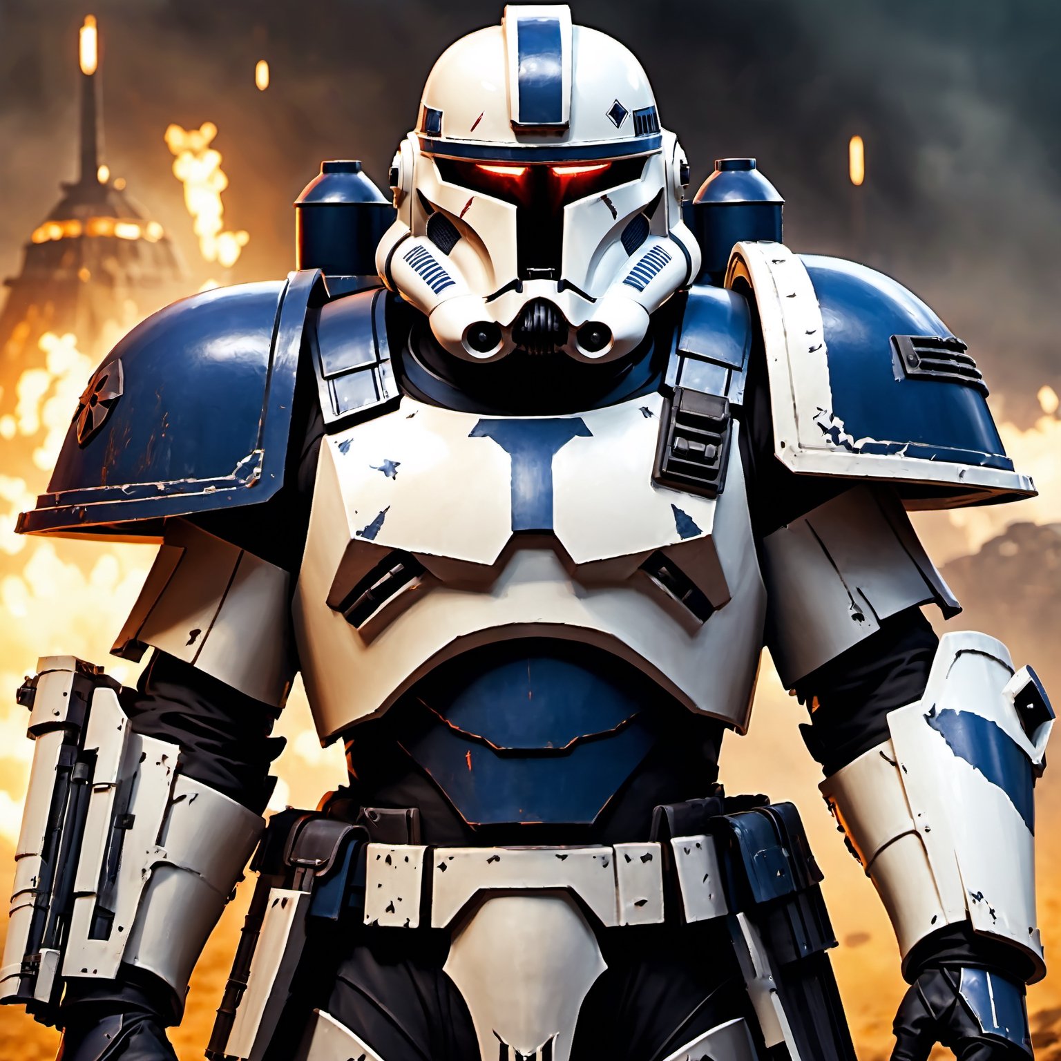 (8k HDR), (masterpiece, best quality), ((Warhammer)), 

"Generate an image of a Clone Trooper from the Star Wars universe transformed into a mighty Space Marine of the Warhammer 40k universe. His armor, once sleek and white, now bears the iconic colors and symbols of the Space Marines, adorned with intricate filigree and embellishments that mark him as a warrior of the Adeptus Astartes. The trooper's helmet has been redesigned to incorporate the intimidating features of a Space Marine helm, with glowing red eyes and a stoic expression that speaks of unwavering determination. In one hand, he wields a bolter, a weapon of devastating power and precision, while in the other hand, he carries a combat knife with a serrated edge, ready to engage in close-quarters combat. Behind him, the backdrop depicts a war-torn battlefield littered with the remnants of battle, as he stands tall and resolute, a beacon of strength and valor in the grim darkness of the far future."

(michael bay camera shots), dark atmosphere, vibrant colors, depth of field, 