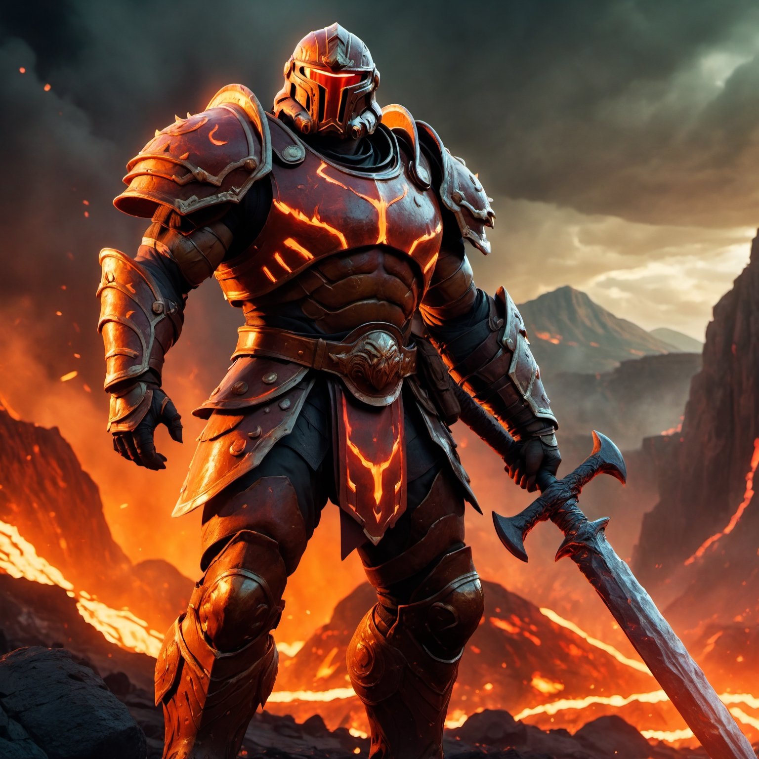 (masterpiece, best quality), (8K, UHD), 
Hercules Doom Slayer:
"Generate an image of Hercules Doom Slayer standing amidst a hellish battlefield, his glowing battle-axe raised high as he prepares to strike down a towering demon. The landscape is filled with molten lava and crumbling ancient ruins." (cinematic shots),  illustration,portrait,rgbcolor,emotion