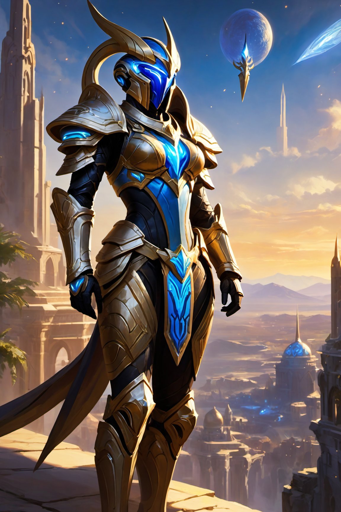 Aiur's Azure Horizon: A majestic female Protoss warrior, Zeratul's finest, stands victorious amidst the ruins of her homeworld. Golden light of dawn casts a warm glow on the cityscape, where crystalline spires and gleaming archways reflect the vibrant colors of the surrounding landscape. In the foreground, the warrior's armor glistens with an otherworldly sheen.

Camera shot 1: A wide-angle view captures the breathtaking vista, with the warrior centered in a dramatic pose, her staff crackling with energy as she surveys the devastation. The city's architecture blends seamlessly with the natural beauty of Aiur's rolling hills and azure skies.

Camera shot 2: A medium shot zooms in on the warrior, showcasing her determined expression and athletic physique, clad in a suit of gleaming silver armor adorned with intricate, swirling patterns that seem to shift and shimmer like the stars. The cityscape recedes into the background, emphasizing the warrior's imposing figure.

Depth of field: The foreground, featuring the warrior and the ruins, remains in sharp focus, while the distant landscape softly blurs, creating a sense of depth and dimensionality.

In this 2D masterpiece, every element – from the radiant colors to the intricate details – comes together to create an awe-inspiring, high-quality image that embodies the essence of Protoss ingenuity and resilience.